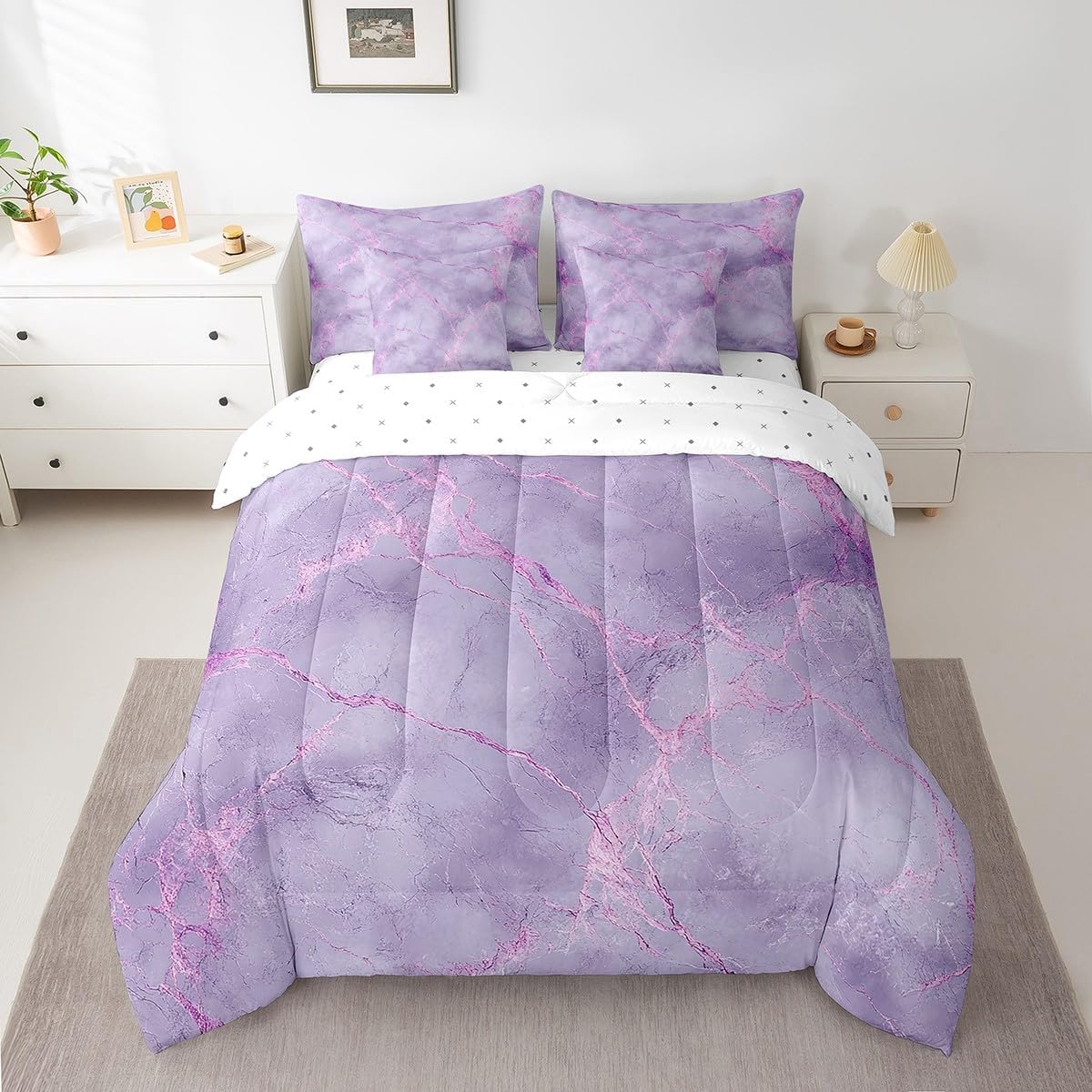 Castle Fairy Purple Marble Full Comforter Set with Sheets for Boys Girls Watercolor Glitter Print Bed in a Bag Marble Aesthetic 7 Pieces Bedding Set Bedroom Decor Abstract Bed Set