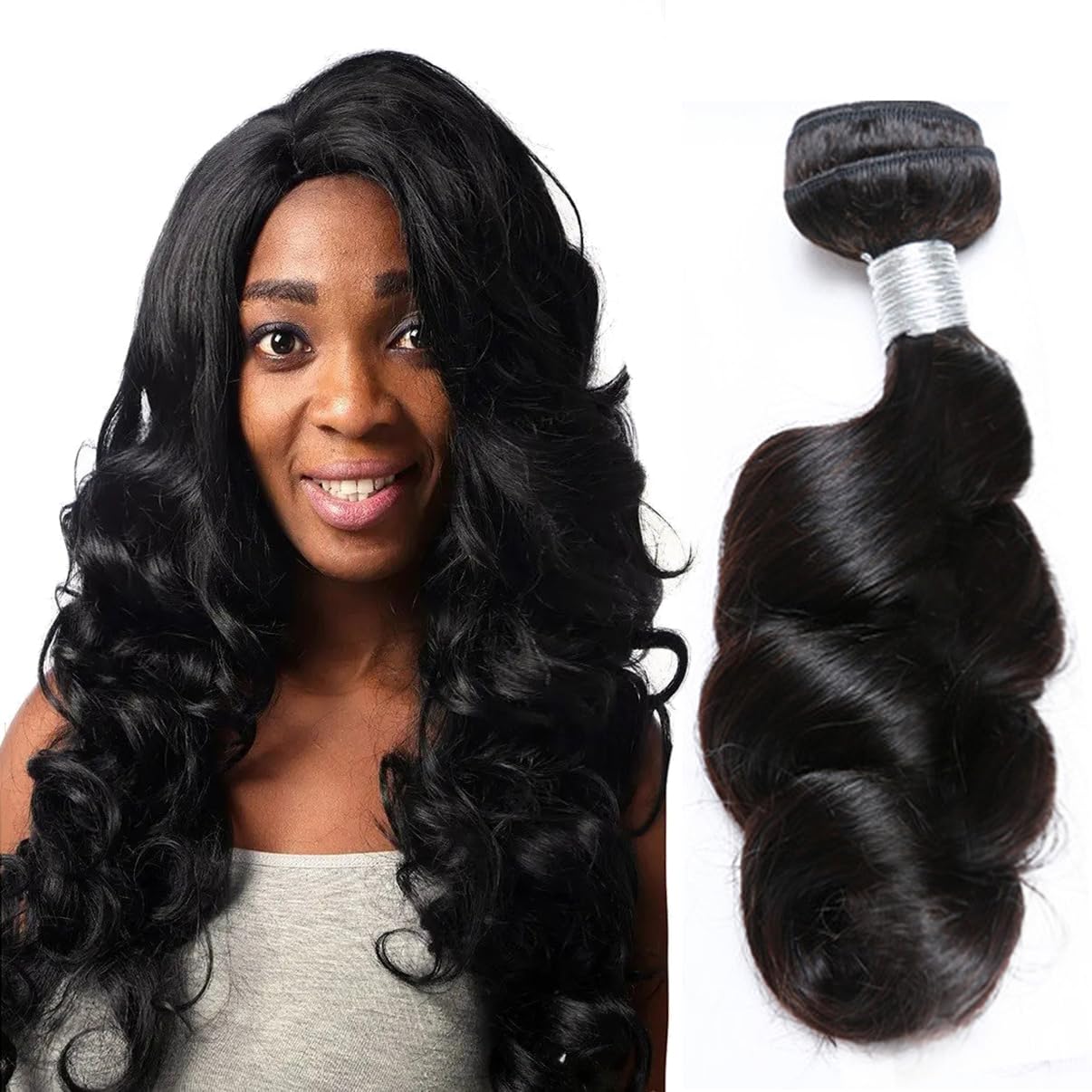 Loose Wave Bundles Human Hair 3 Bundles Unprocessed Remy Hair Weave with Double Strong Machine Weft 300g/Pack (3pcs x 10inch, Natural Black)