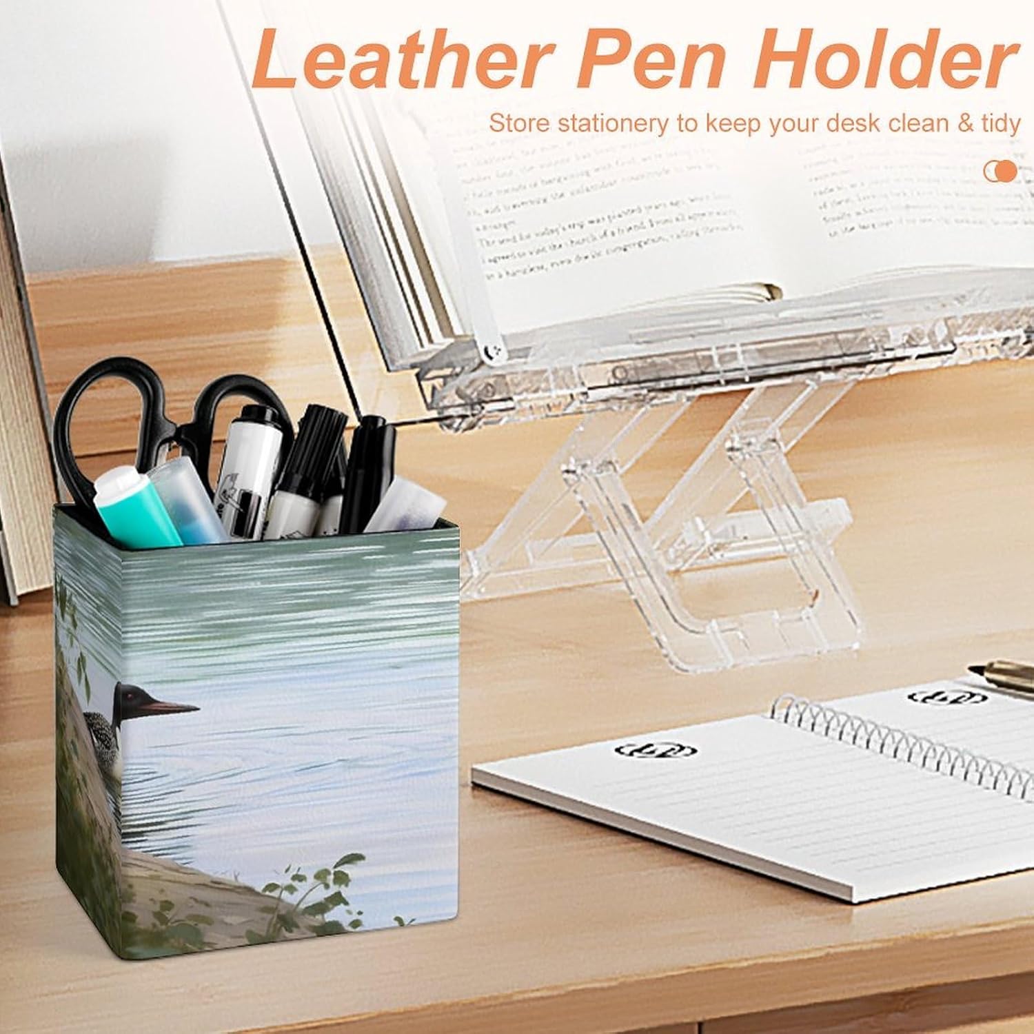 PU Leather Desk Loon Nature Birds Pen Holder Compact Scratchproof image 4