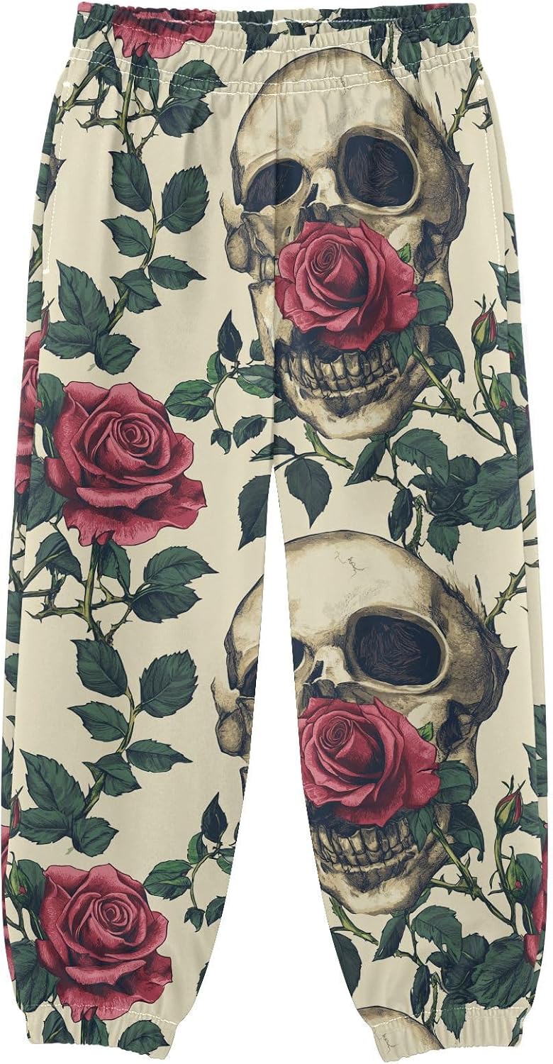 Boy Sweatpants Leaf Skull Red Rose Joggers Casual Athletic Pants Kids Elastic Waist Cuffed with Pockets