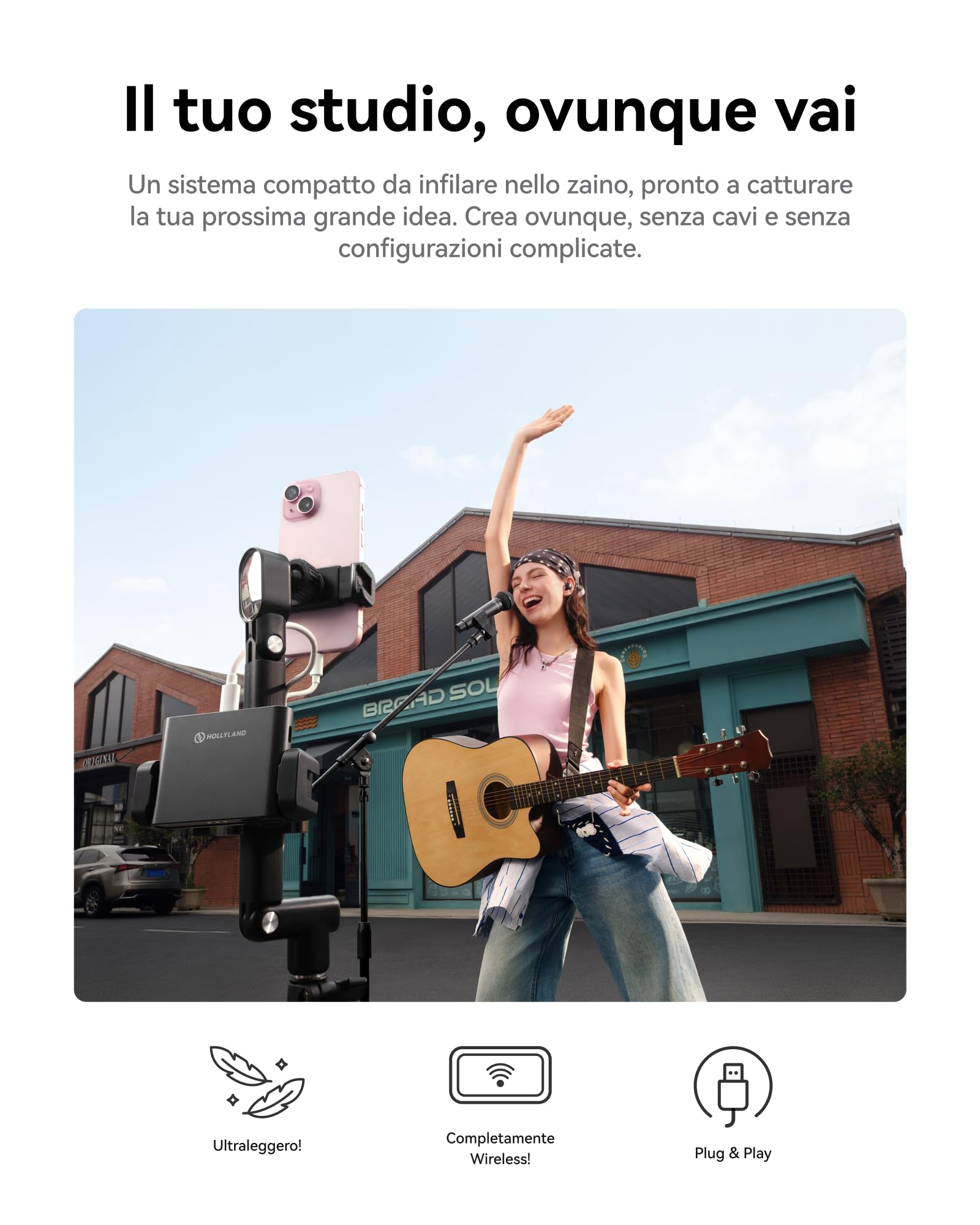 Hollyland MELO P1 Solo: Sistema Microfono Wireless All-in-One con Mixer Audio, Cancellazione Rumore AI, Oltre 100 Preset & 9 Effetti Studio per Registrazione Musicale, Podcast e Streaming
