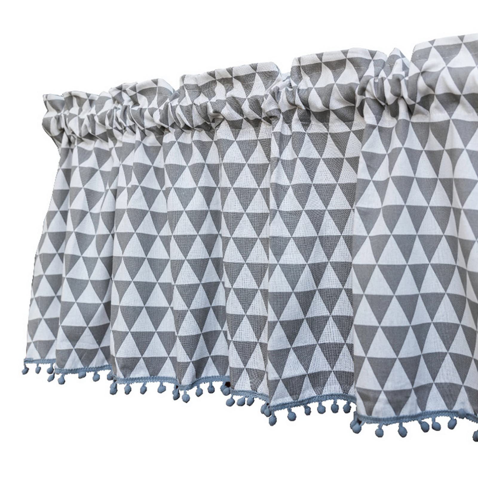 Rideau De Cuisine Court Boho Triangle Gris Blanc – Demi-Passe Tringle Avec Pompons Coton Lin Opaque