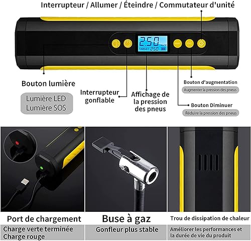 Miniatura 6 de Compresor de aire portátil, inflador de neumáticos de 150 PSI, batería recargable de iones de litio de 2000 mAh, bomba de aire para bicicleta,
