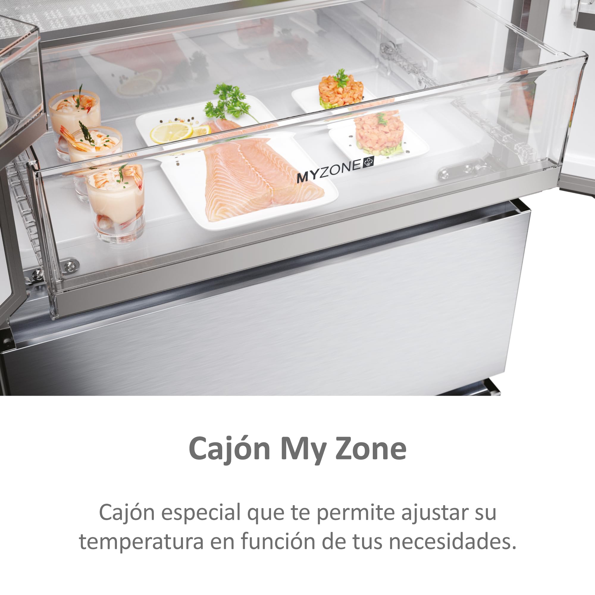 Haier French Door HFR5719EWMG Réfrigérateur/Congélateur/Total No Frost/Easy Access Tiroirs de congélation économise jusqu'à 30% d'énergie / 70 cm de large/MyZonePlus Distributeur d'eau avec