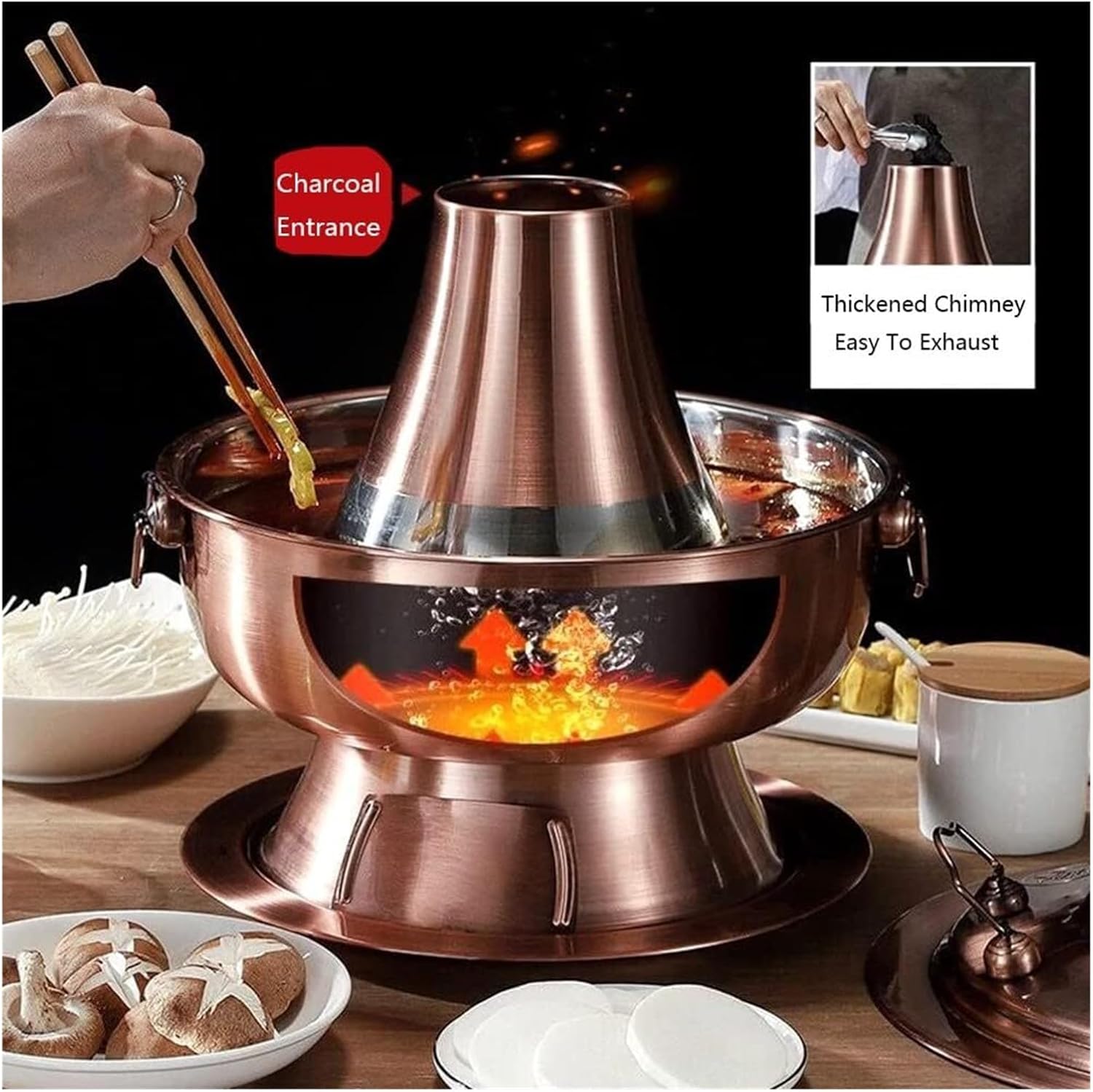 Fondue Chinese Copper Hot Pot, Hot Pot Pan Stainless Steel Chinese Cooker Traditional Soup Pot Cookware with Chimney for Home Party Restaurant,Gold-32cm