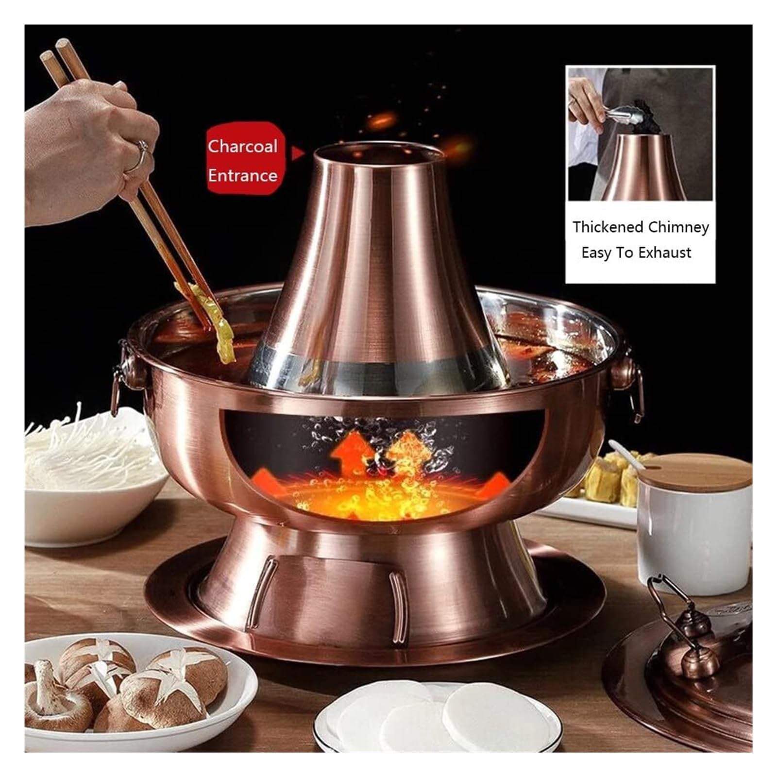 SAeWare Pentola calda cinese in rame, pentola calda in acciaio inox, pentola tradizionale cinese con camino per casa, feste, ristorante, argento, 32 cm