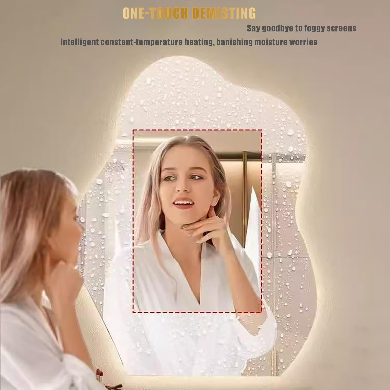Bezramowe inteligentne lusterko do makijażu w kształcie chmury ze światłami LED, przeciwmgielne, 3 tryby kolorowego światła (białe, neutralne, ciepłe) i ściemniane, sterowanie dotykowe (