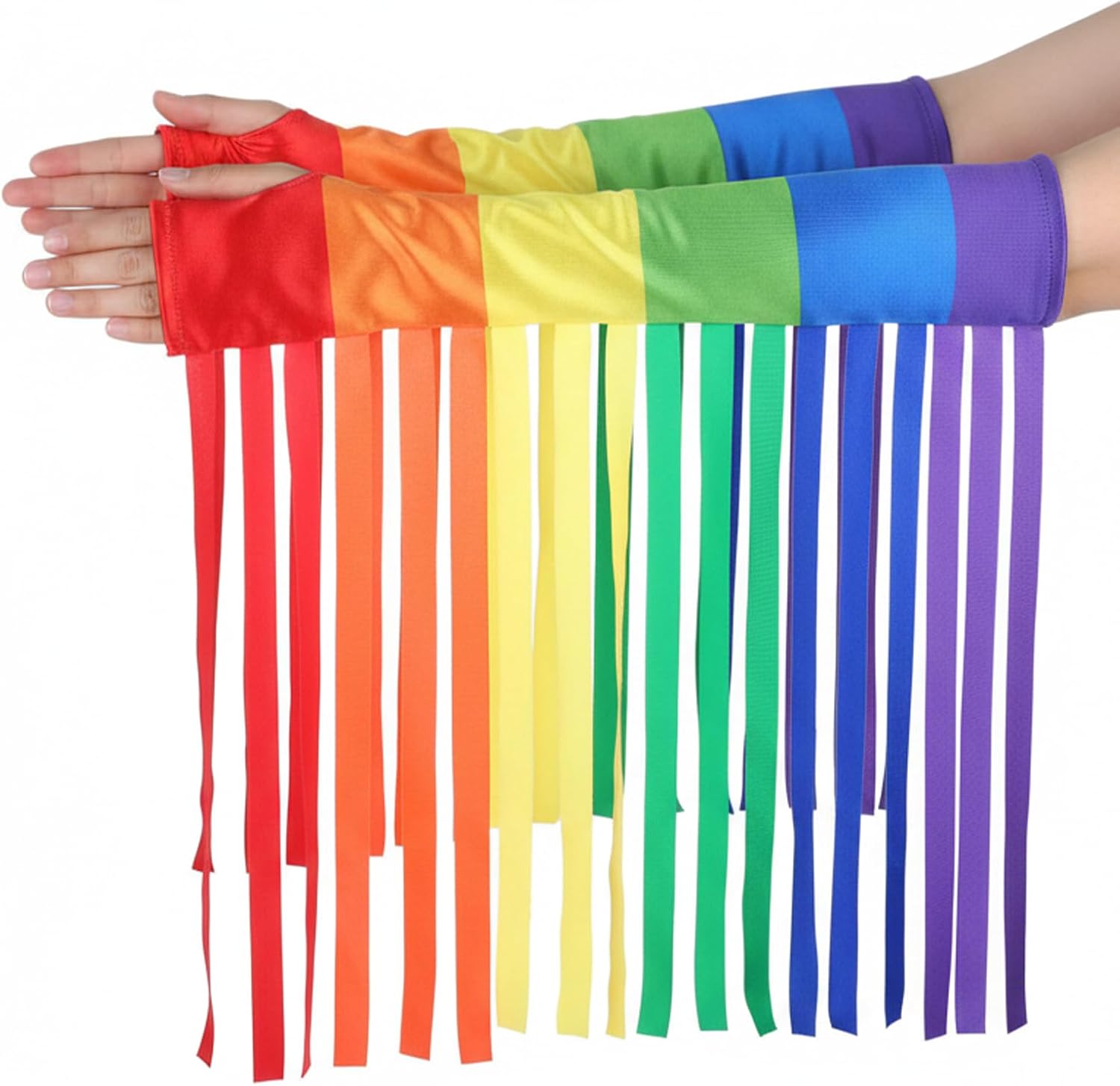 Rainbow Fringe Arm Warmers – Stretchy One Size for Pride | soft stretchy fabric fits most arms, perfect for Pride parade, rave, Halloween, Christmas cosplay & LGBTQ+ party
