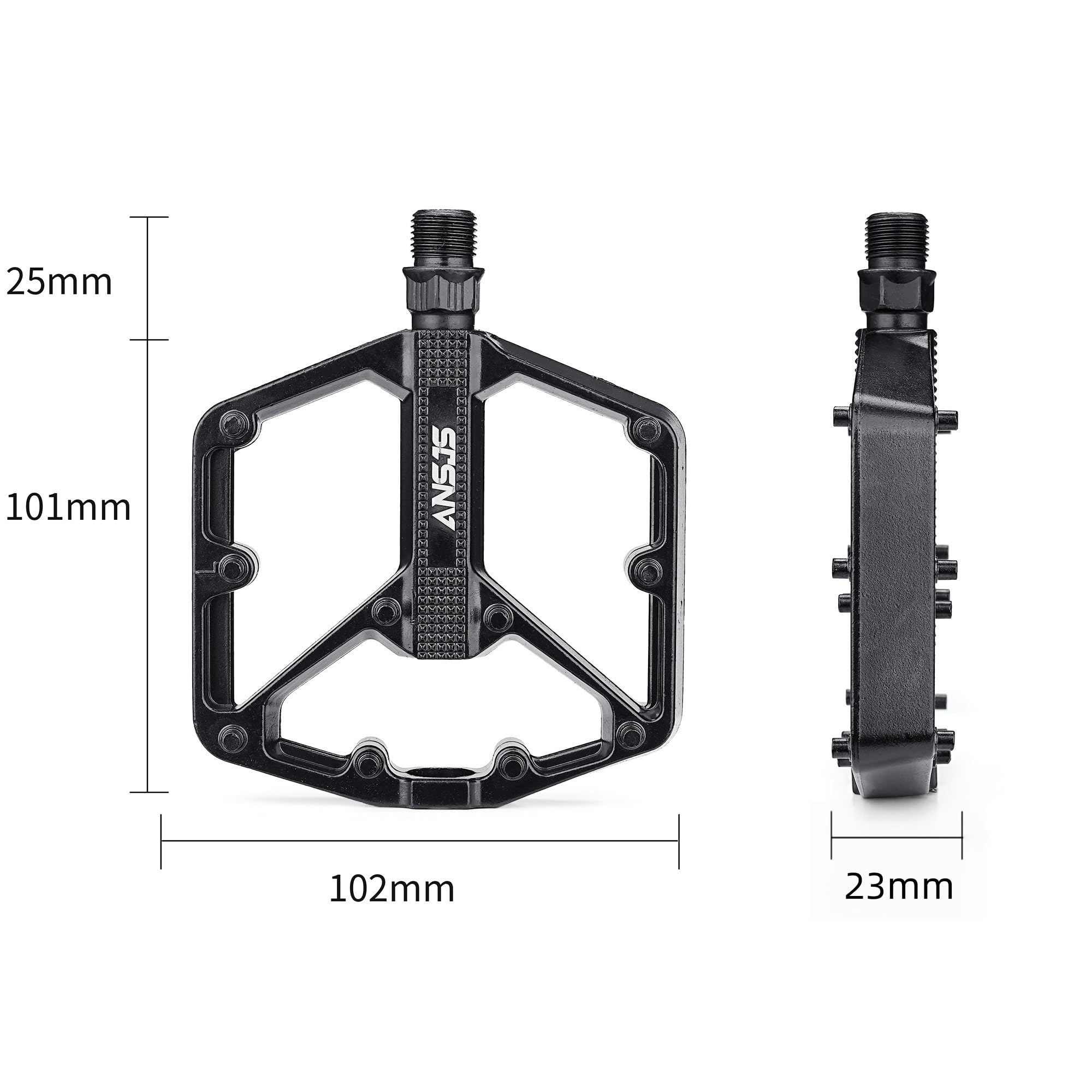 Ansjs Pédales De Vélo Plates En Aluminium – 12 Clous Antidérapants, 3 Roulements, 387 G – Pour VTT, Route, BMX, Fixie, 9/16, Montage Facile