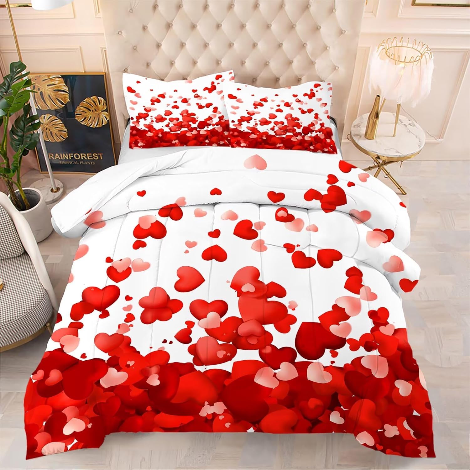 kxry Red Heart Comforter Sets, Cute Heart Pattern Bedding Set, Love Quilt for Girls Women, Pink Heart Romantic Soft Comforter, Twin Size, 2 Pcs with 1 Comforter and 1 Pillowcase