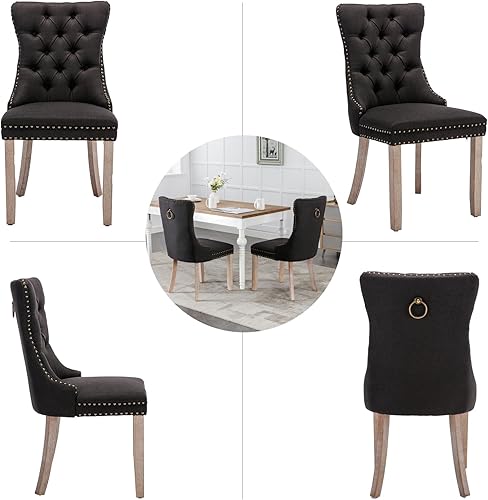 Miniatura 7 de Juego de 2 sillas de comedor negras tapizadas de tela de lino con borde trasero de tracción y patas de madera maciza, silla de cocina copetuda de