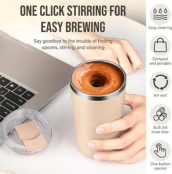 hatisan Self Stirring Coffee Mug With Lid Electric High Speed Self Stirring Mug 400ml Rechargeable Detachable Stainless Steel Self Stirring Cup for Coffee, Milk, Cocoa Christmas Gift(Apricot)