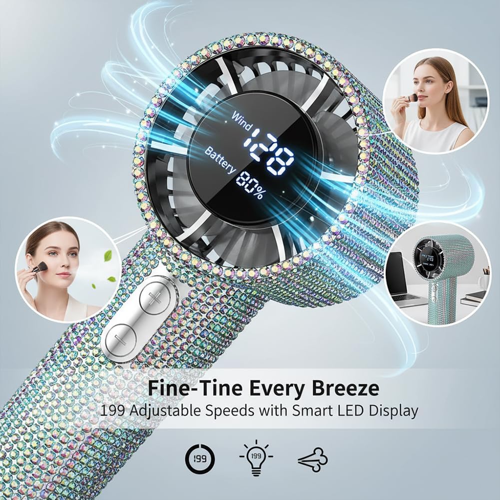Diamond Portable Fan - Full Diamond Luxury Handheld Turbo Fan, Max 199 Wind Gear, Rechargeable with Digital Display, Up to 6 Hours Battery Life for Outdoor, Travel, Office (Sliver)