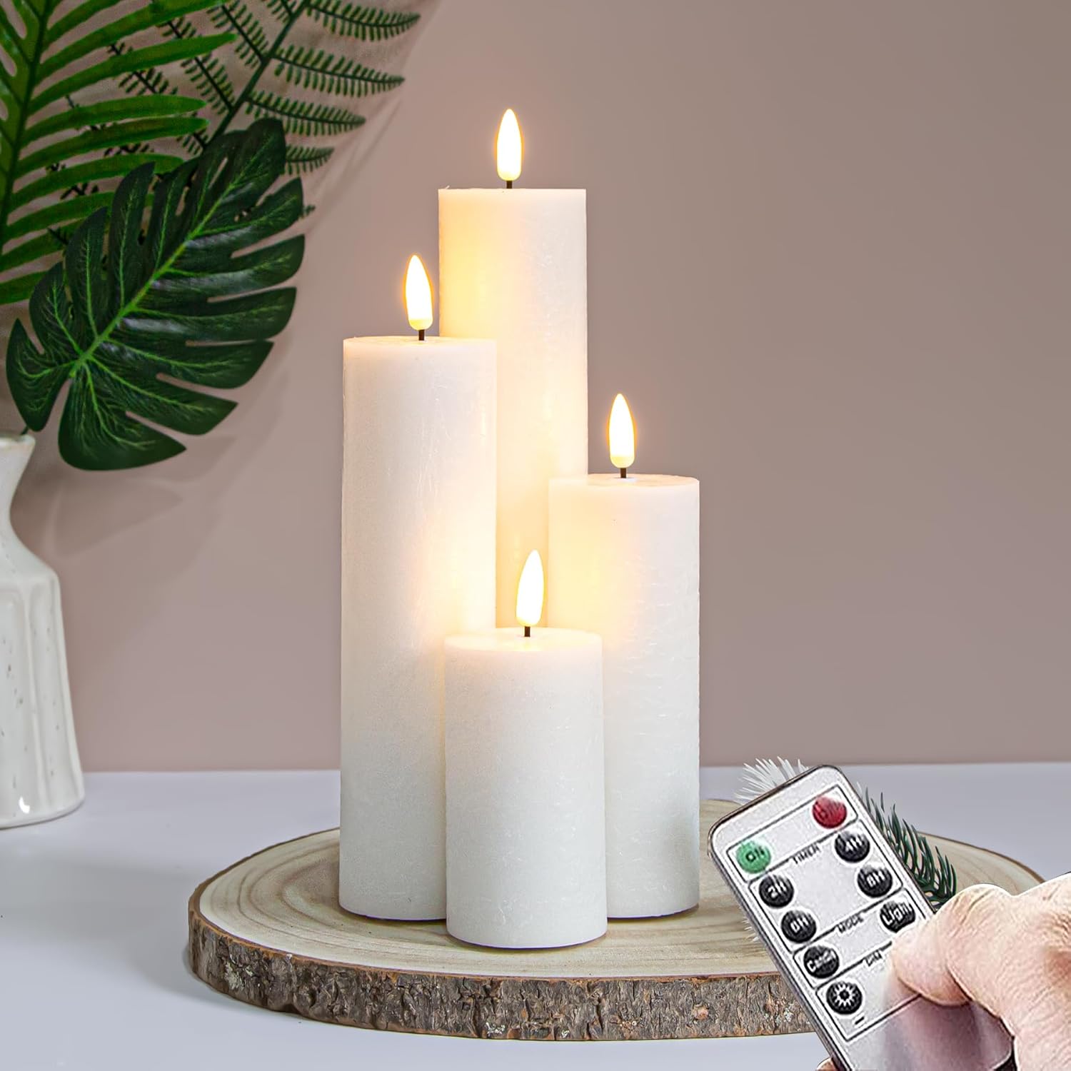Flickering Flameless Pillar Candles with Remote Control and Cycle Timer,White Pack of 4 Battery Operated(Powered by 2AA) LED Real Wax Tall Fake 3D-Wick Electric Candles(D 2.2” x H 4”,6”,8”,10”)