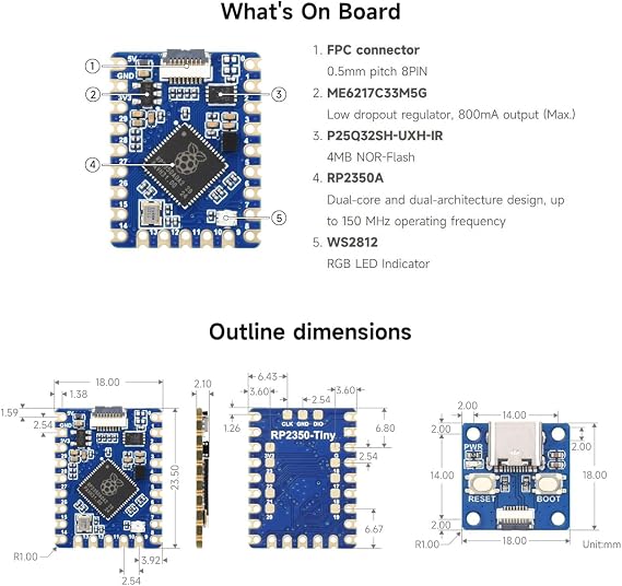 Waveshare RP2350 Tiny Micro Development Board Raspberry Pi Microcontroller Based on Raspberry Pi RP2350A Dual Core Dual Architecture Processor Split USB Interface Design Adapter Board