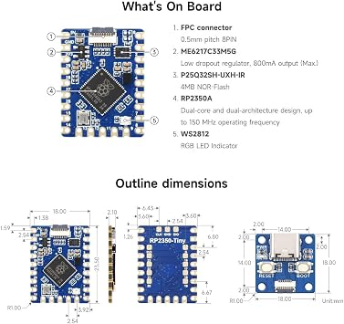 Waveshare RP2350 Tiny Micro Development Board Raspberry Pi Microcontroller Based on Raspberry Pi RP2350A Dual Core Dual Architecture Processor Split USB Interface Design Adapter Board