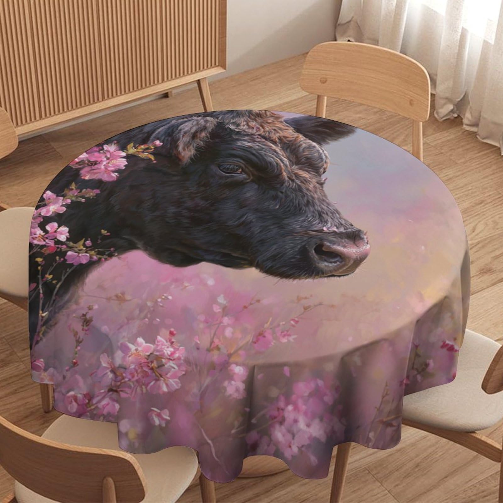 LUYYSKY Rustic Funny Black Cow Round Tablecloth Classic Oil Painting Plant Cherry Blossom Floral Animals Cow Pattern Washable Decor for Table Cover for Kitchen-177.8" Wx177.8 L cm