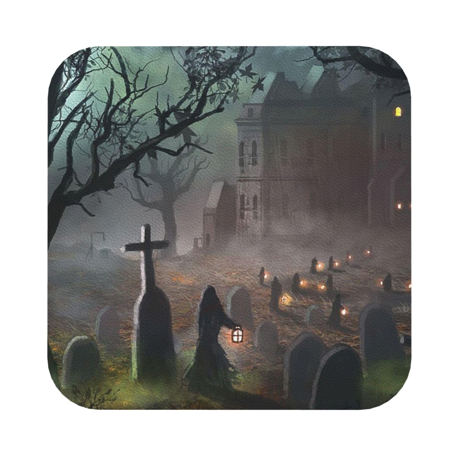 Halloween Horror PU Leather Coasters Set of 6 Square Drink Coasters
