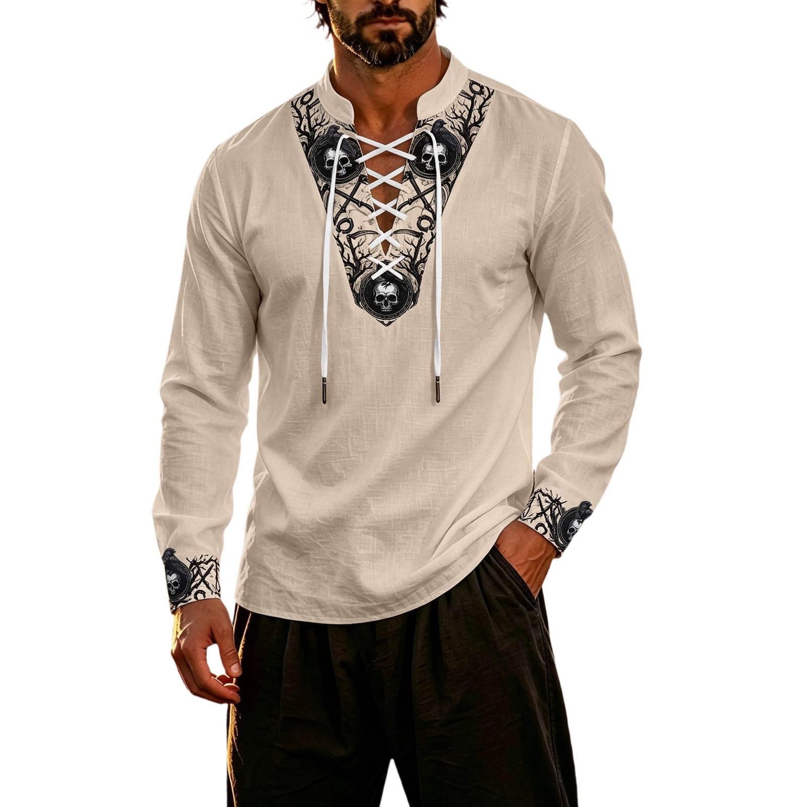 Classic Themed Men's Long Sleeve Shirt for Adventure Nautical Style Top with for Everyday Wear and Cosplay (b-Khaki, XL)