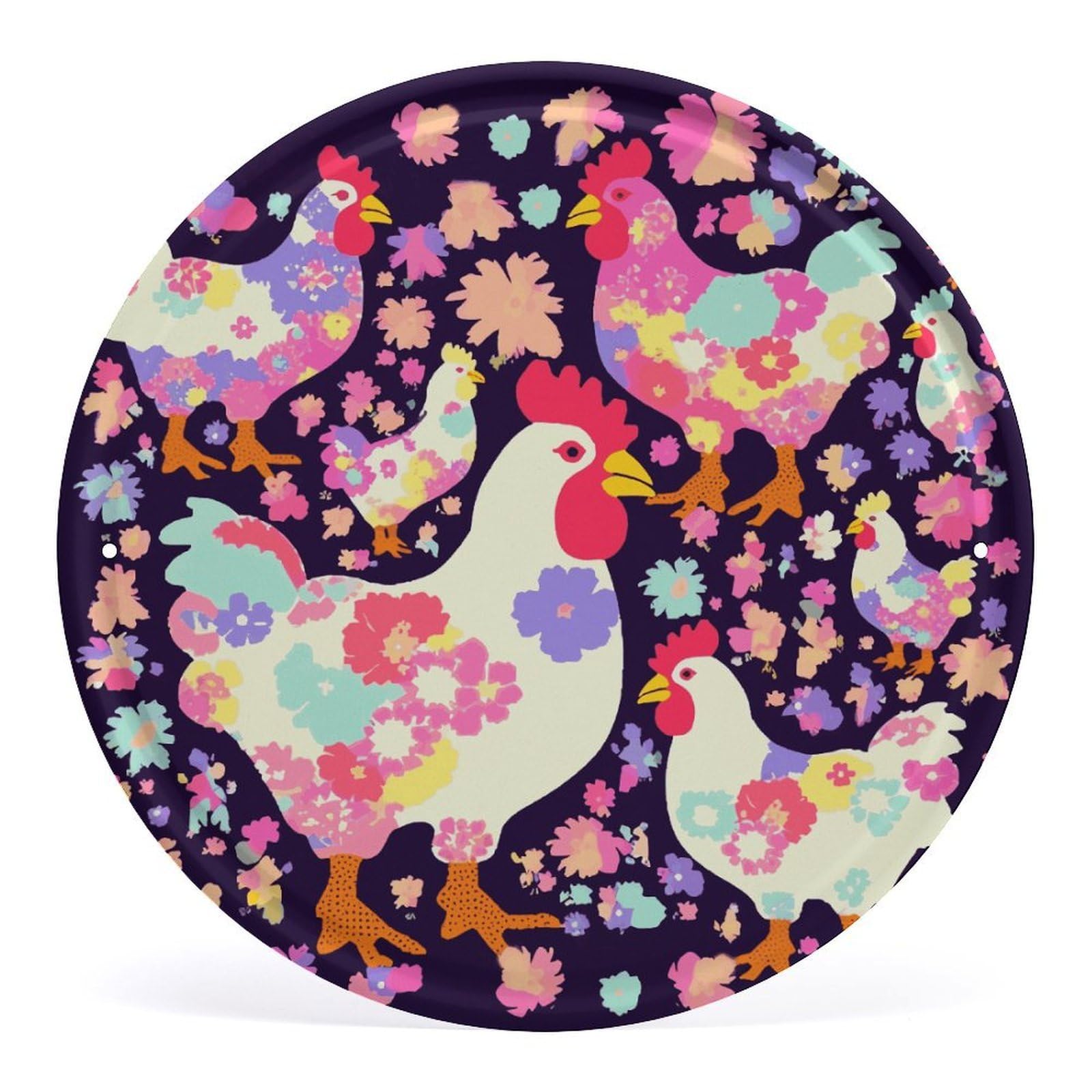 Fodpand Style Flower Heart Chicken Round Wall Art Hanging Decorations, Wall Decor Modern Minimalist Artwork, Tin Sign Hanging Picture For Living Room, Bedroom, Office, Hallway, 11.8X11.8 Inch