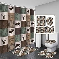 Vista 14 de Camille&Andrew - Juego de 4 cortinas de ducha de tela de ciervo rústico negro, alce, alce, pino, luna, casa de campo, panel rústico, tablero