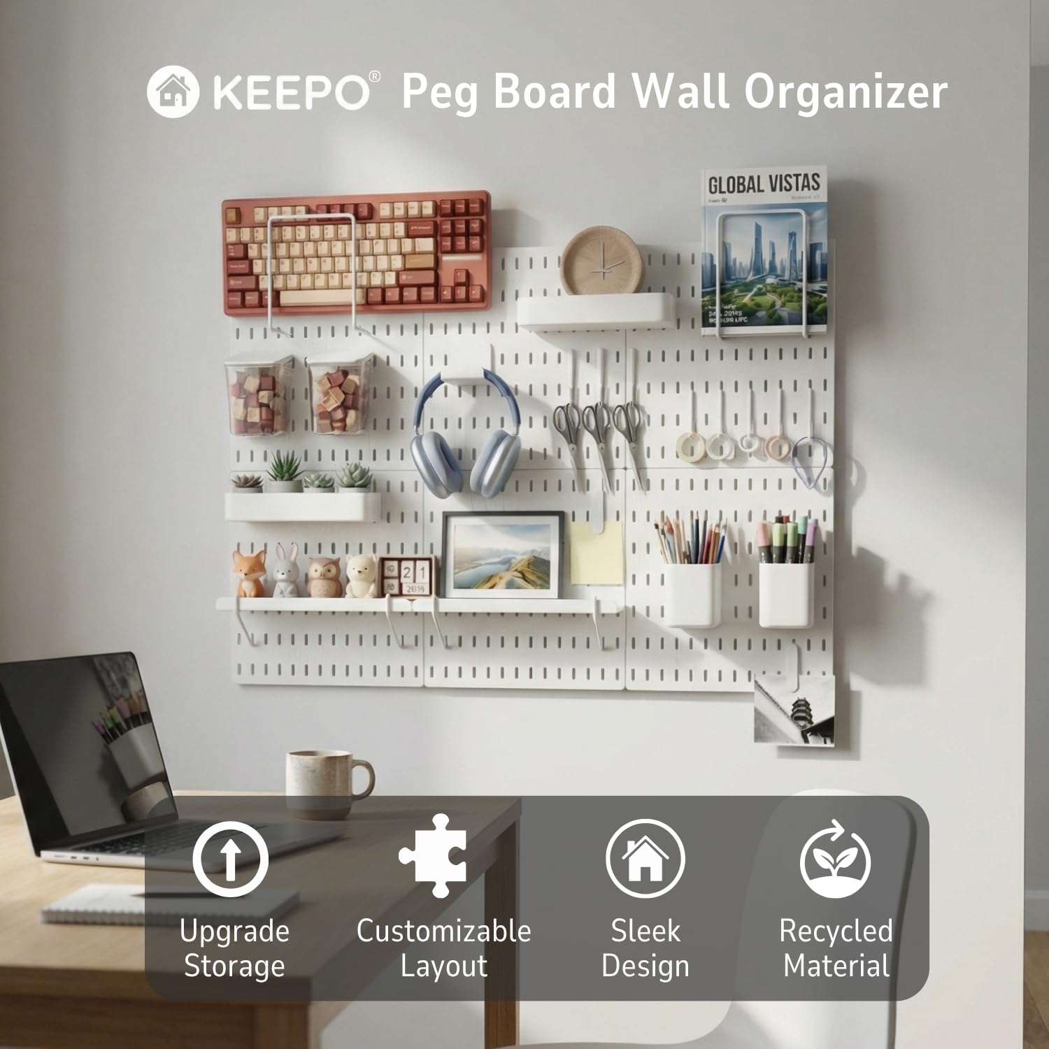 Keepo Zestaw kombi pegboardów, tablice pegboardowe i akcesoria, modułowe wiszące do organizera ściennego, organizacji rękodzieła, ekspozycji ozdób, do przechowywania w pokoju dziecięcym, tablica na