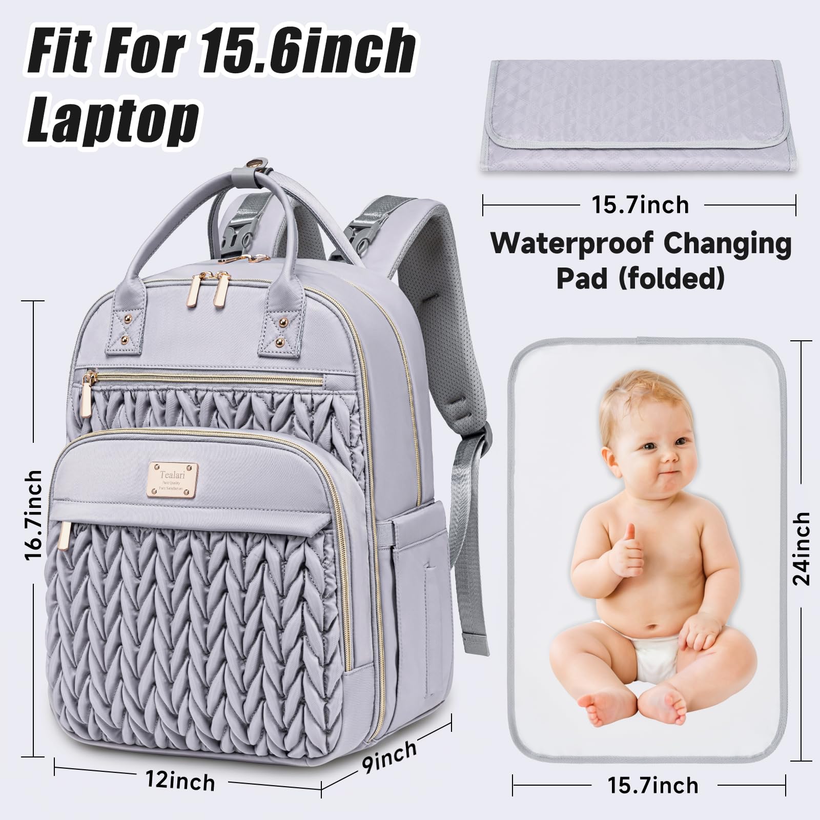 Tealari Wickeltaschen-Rucksack, stilvolle Baby-Wickeltasche, wasserdichter Reise-Wickelrucksack mit Wickelunterlage, Kinderwagengurten