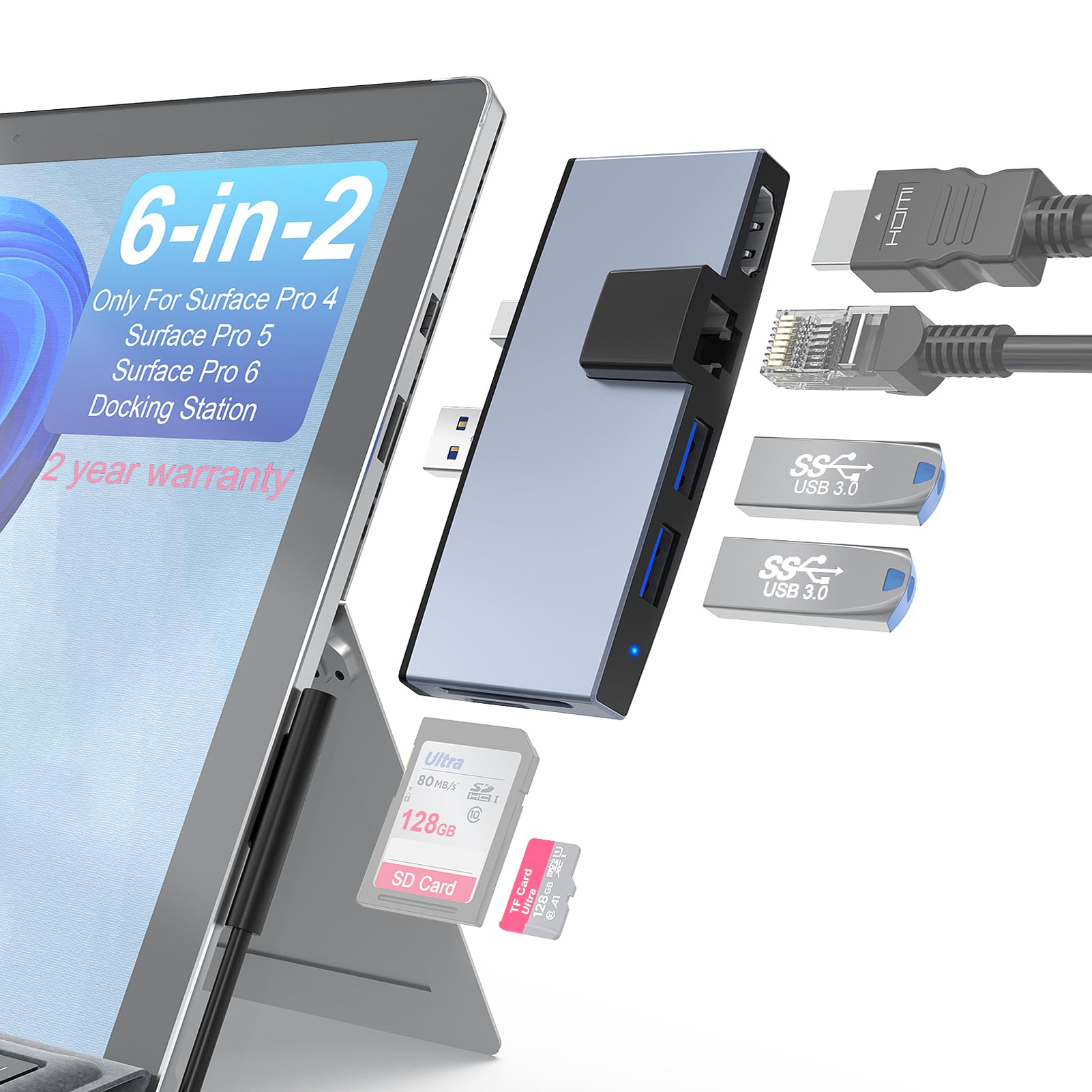 Opluz6 in 2 Surface Pro 4 5 6 Docking Station, Microsoft Surface Pro Dock Hub for Pro4 Pro5 Pro6, with 100Mbps Ethernet Port,4K HDMI Port, 2 USB 3.0 Ports, SD/TF Card Surface Pro 6/5/4 Adapter