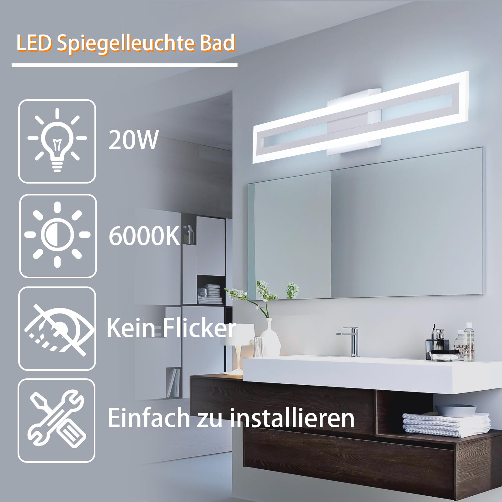 LED Spiegellampe Bad Wandbeleuchtung – 60cm 20W 2000 LM, 6000K Kaltweiß, IP44 Wasserdicht, einfache Montage für Badezimmer, Waschzimmer und Schlafzimmer