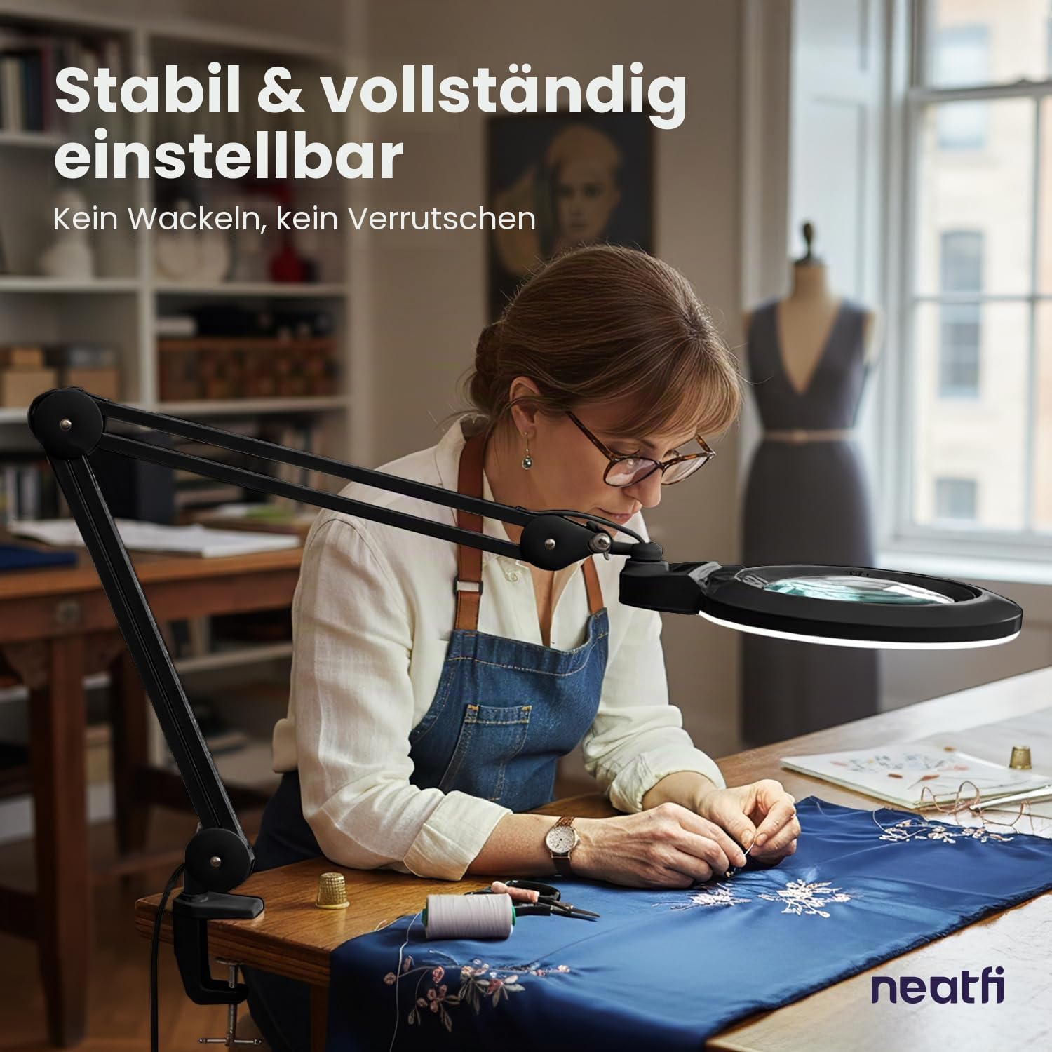 Neatfi XL Bifokale LED-Lupenleuchte, 2,25-fache/6-fache Vergrößerung, 1.600 Lumen dimmbar | freihändiges Arbeiten im Nahbereich | Für Basteln, Schmuckarbeiten & Lesen (Schwarz, 18 cm Linse)