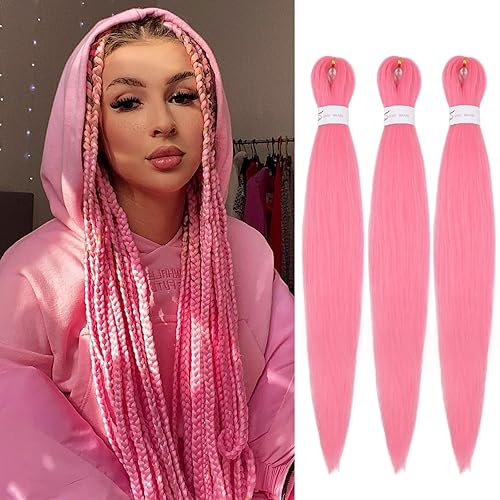 IXIMII 3 paquetes de cabello trenzado rosa preestirado de 16 pulgadas, trenzas de ganchillo lacio, textura Yaki suave, extensiones de cabello