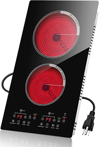 GRACEALL Estufa eléctrica de 12 pulgadas, 2 quemadores, placas calientes para cocinar, placa calefactora de doble elementos, placa de cerámica de