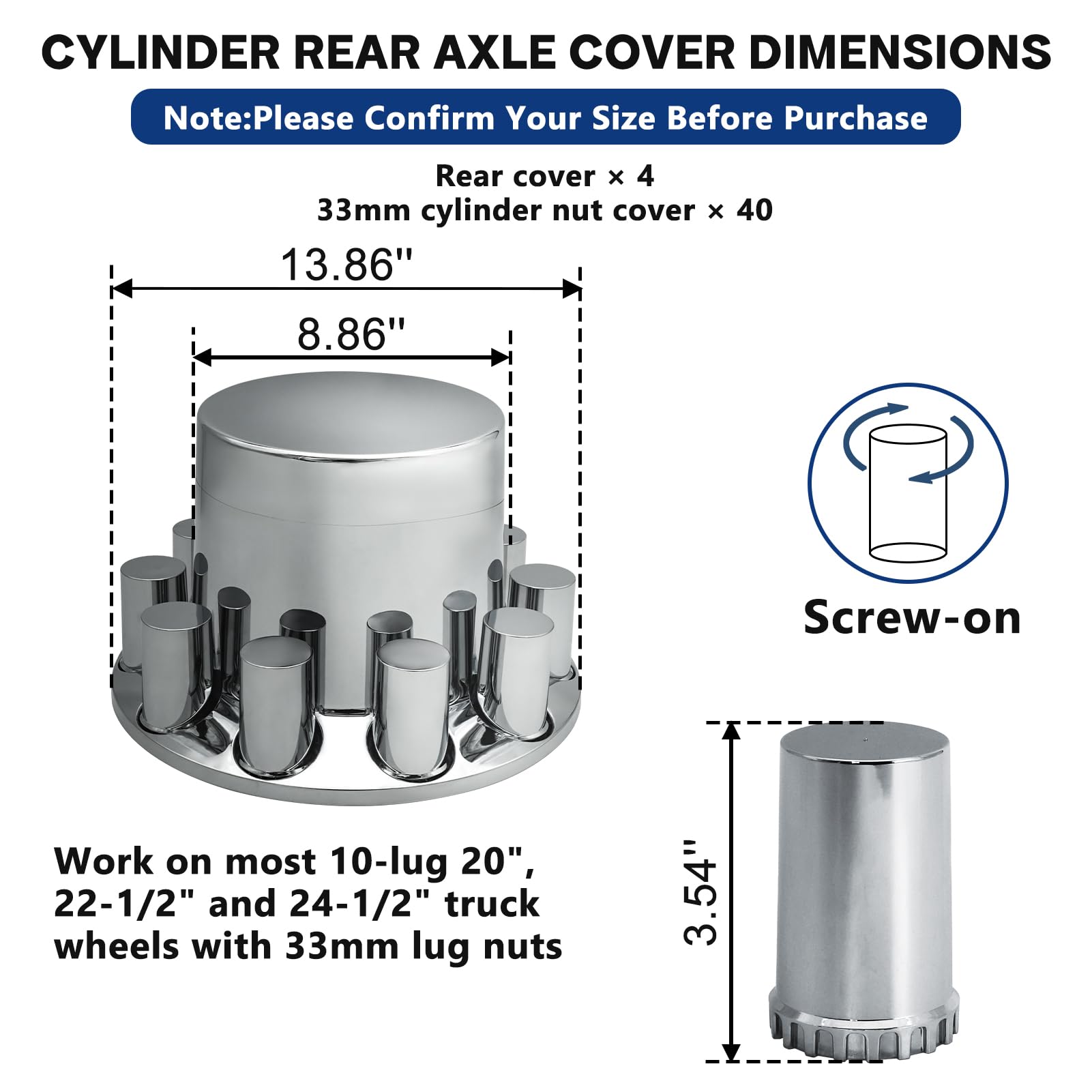 czyopo Cylinder Flat Axle Wheel Cover Set 4 Rear Axle Hub Covers with 33mm Thread-on Chrome Lug Nut Covers