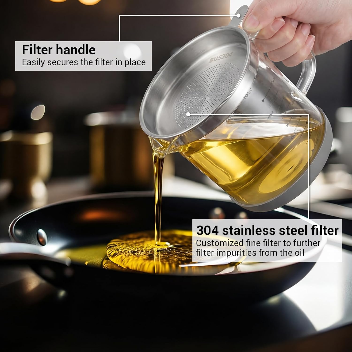 Glass Bacon Grease Container with Strainer Cooking Oil Storage Can Food Strainers with Stainless Steel Filter Lid Silicone Nonslip Pad for Storing Fats Frying Oil Cooking Grease (1l / 35oz)