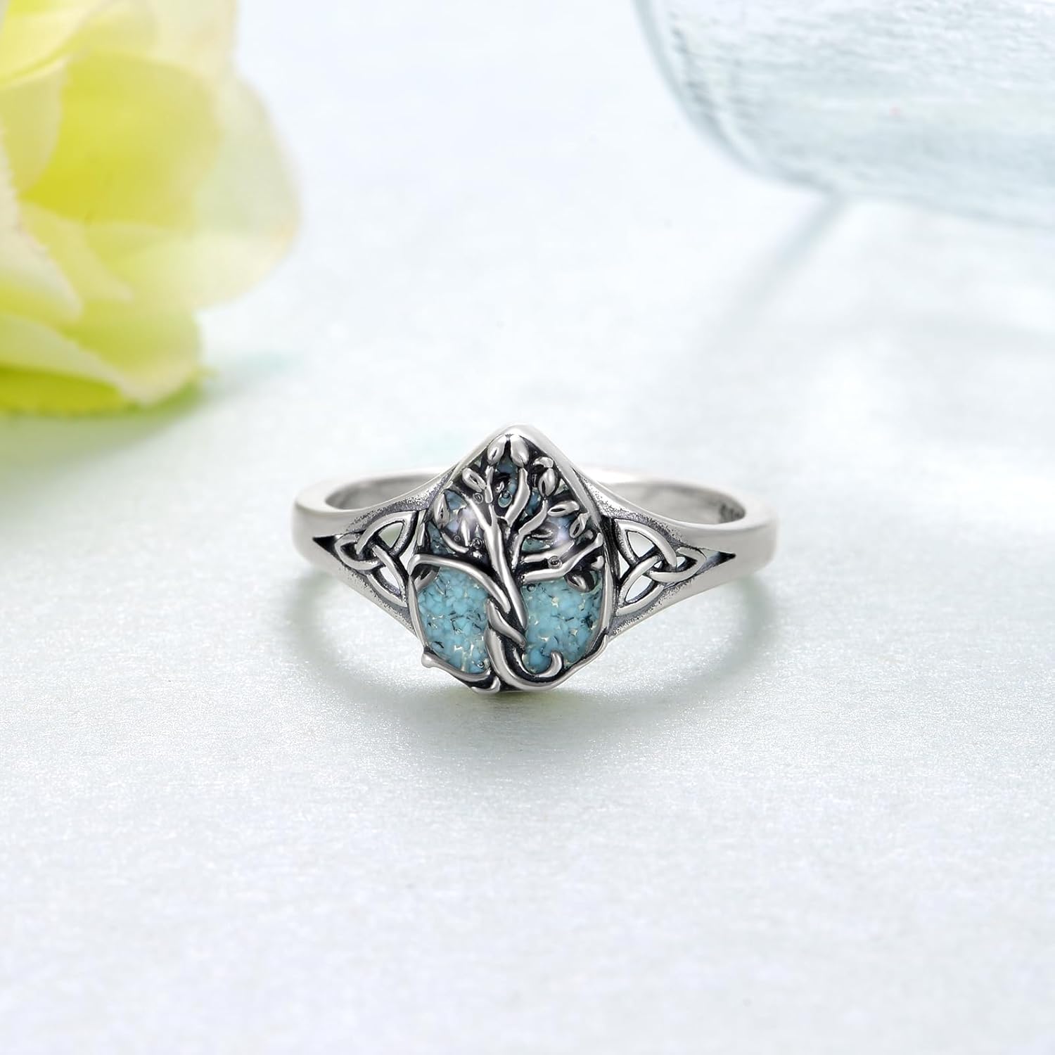 Turquoise Ring 925 Sterling Silver Tree of Life Ring Vintage Western Turquoise Jewelry for Women - Image 2