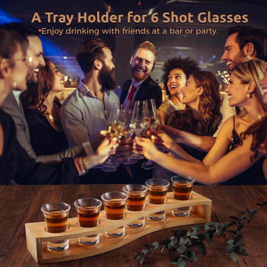 Lot de 6 verres à shot de qualité supérieure avec porte-plateau en bambou en forme de S, gobelets en verre transparent de 25 ml, parfaits pour les fêtes et les restaurants