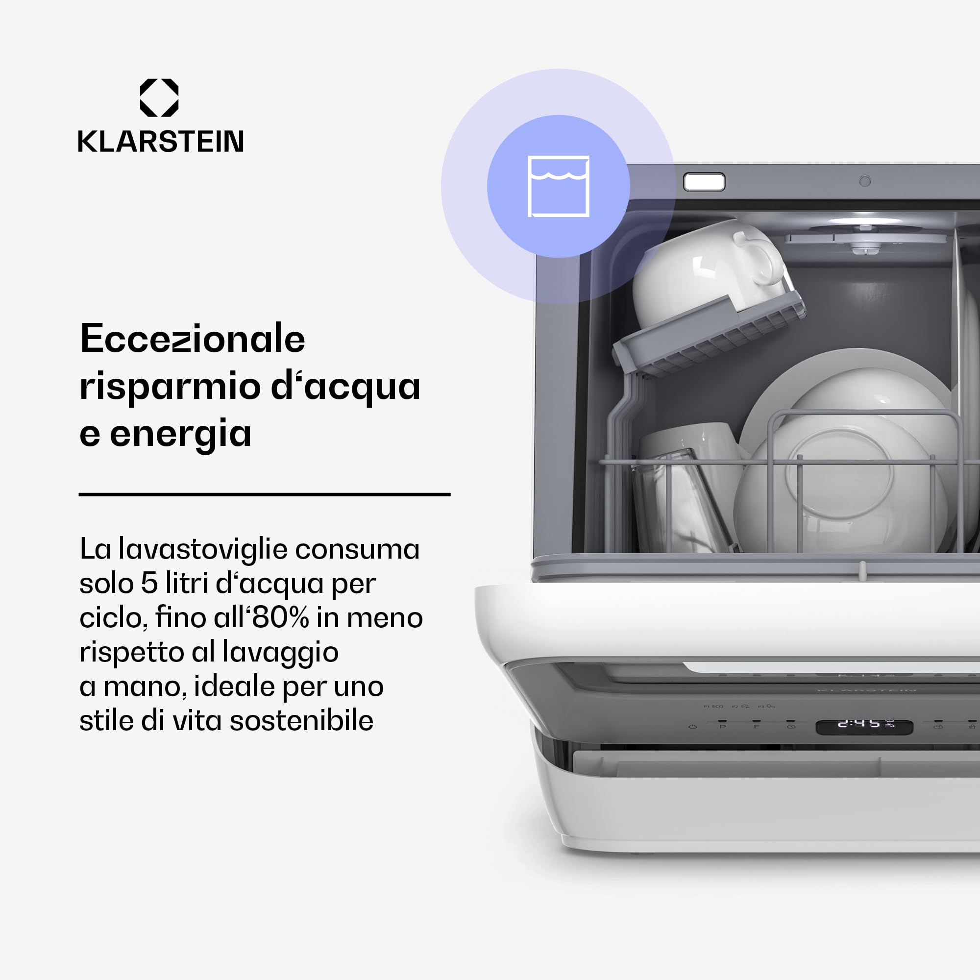 Klarstein Amazonia Mini Lavastoviglie – Portatile Compatta, 7 Programmi, 5L Serbatoio o Attacco Diretto, Silenziosa 58dB, Classe energetica D, Display Digitale, per Cucine Piccole, Nero