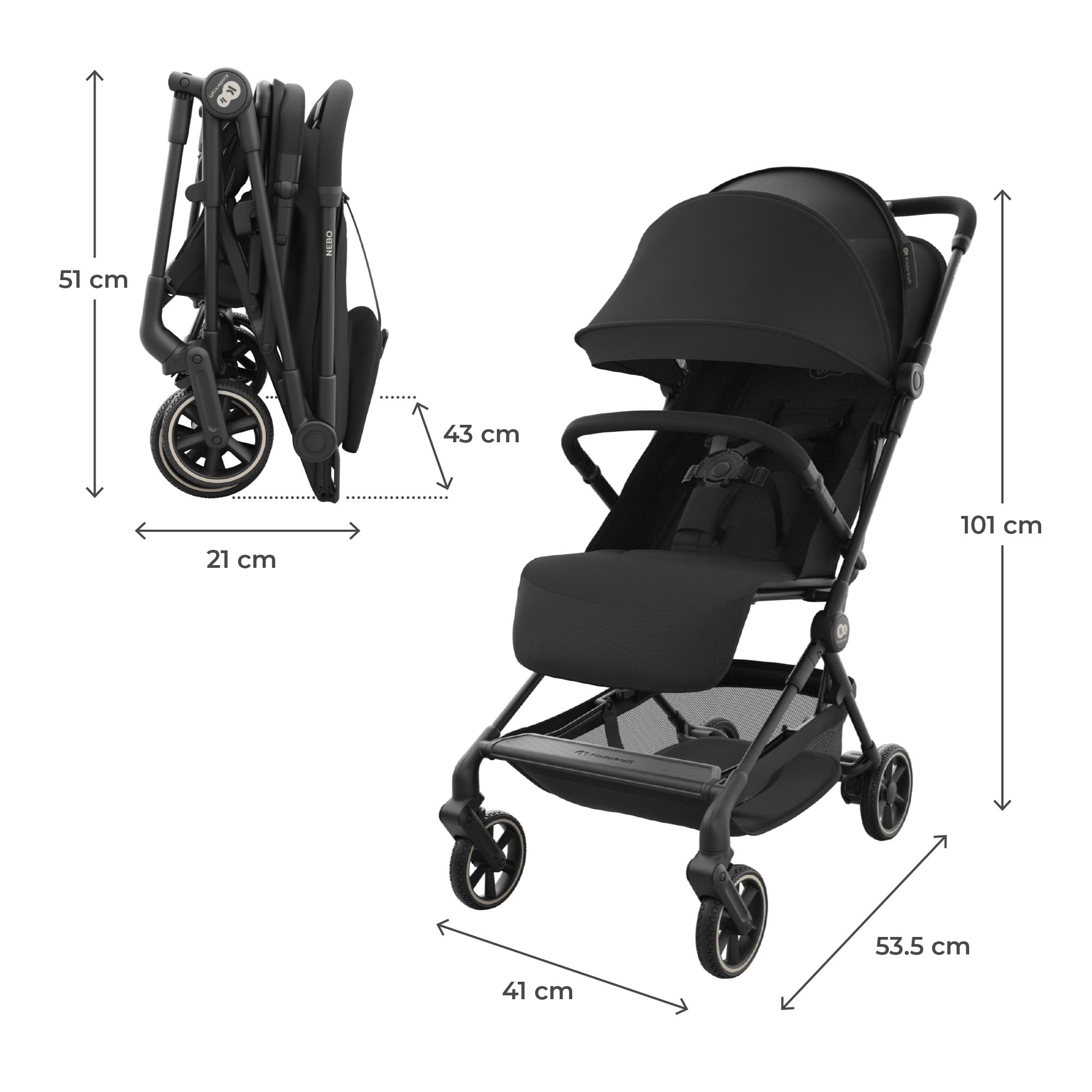 Kinderkraft NEBO Kabinenbuggy ultraleicht, Einhand-Faltmechanismus, Handgepäckmaß 51×43×21 cm, steht selbstständig, Schultergurt+Transporttasche, flache Liegeposition, 5-Punkt-Gurt, Schwarz