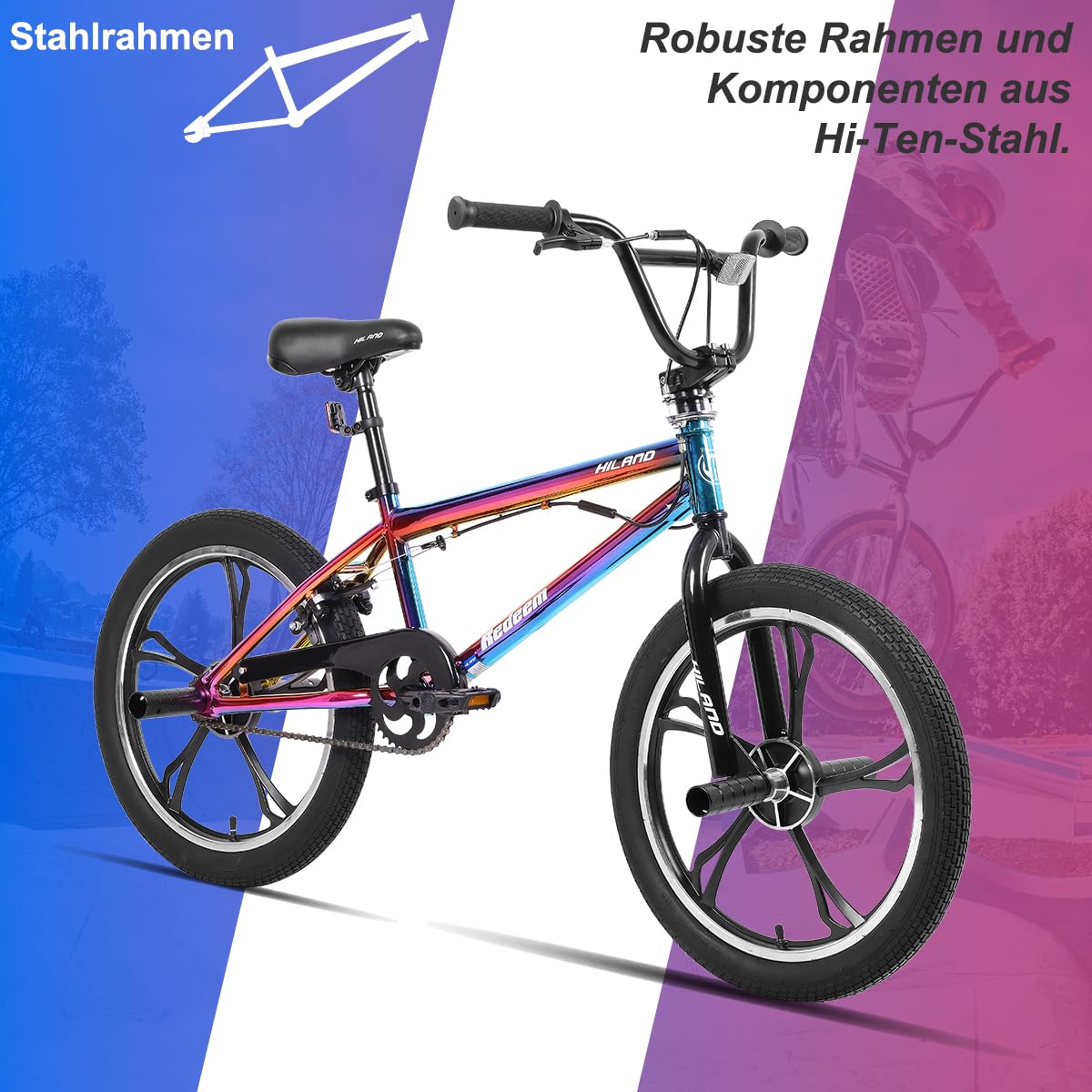 Hiland 20 Zoll 3/5/Multiple Speichen Kinder BMX Fahrrad für Jungen Mädchen ab 7 8 9 10 Jahre alt, 360 Grad Rotor Freestyle, 4 Pegs Single Speed Kinder BMX Fahrrad