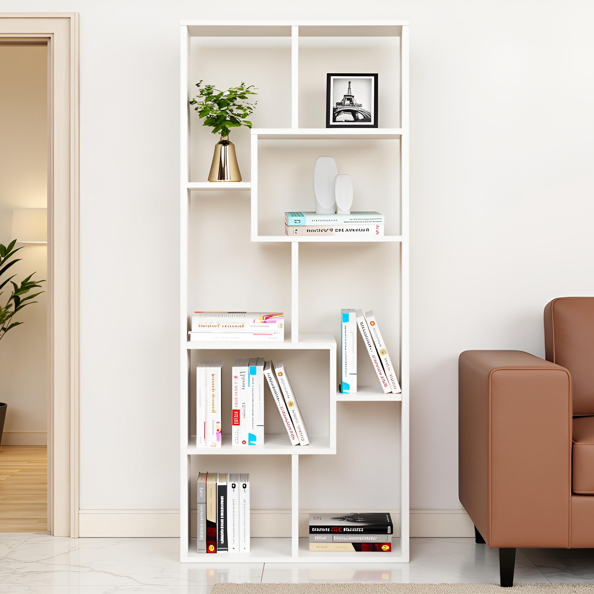 Medina Book Shelf for Home, Book Shelf for Home Library, Wooden Book Rack, Corner Shelf for Living Room, Study Room & Office Wooden Furniture (White)-image-43