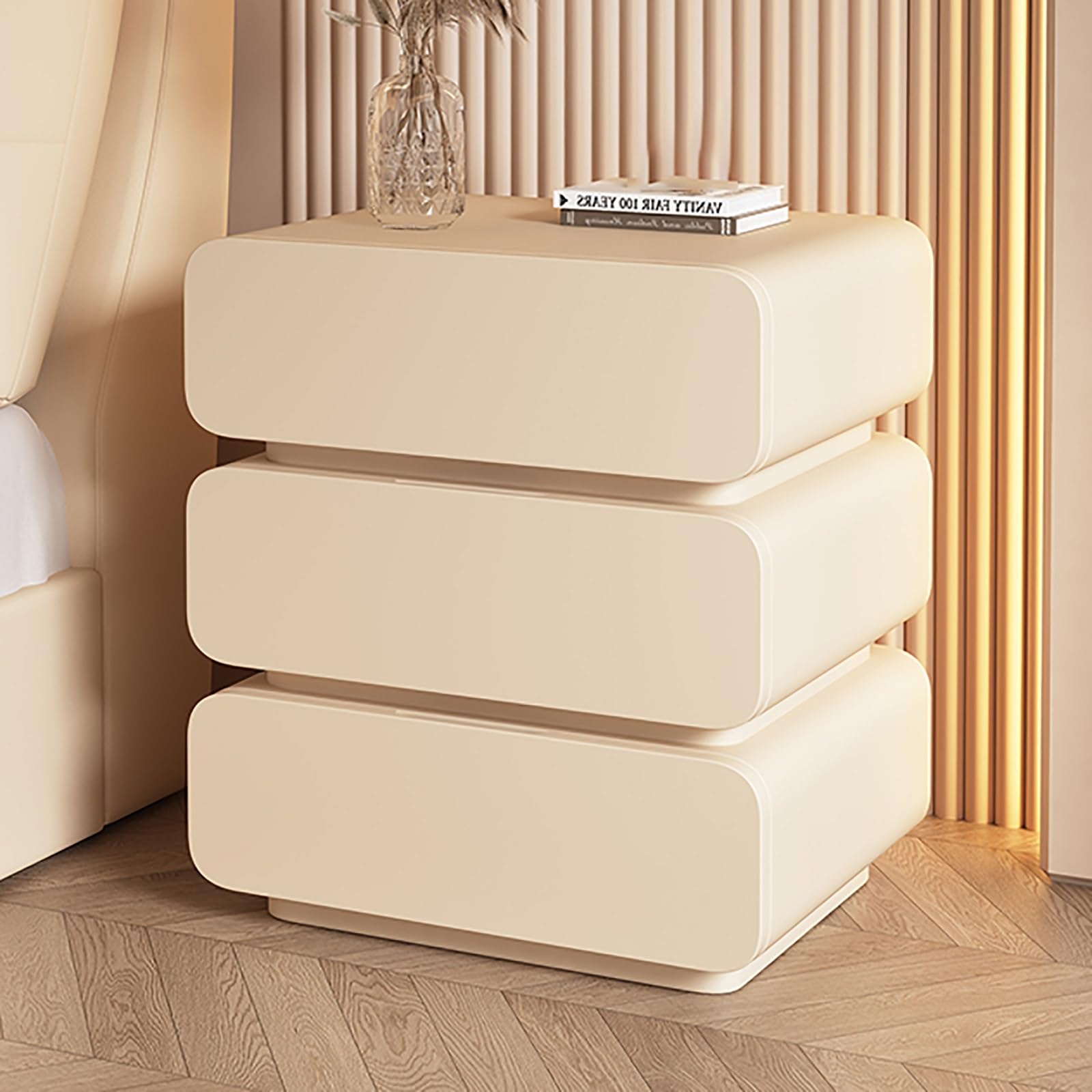 SXZenSpace Wooden Nightstand Bedroom Side Table with 3 Drawers Hidden Handle SpaceSaving Storage Cabinet Cream Color Ideal for Living Room Office (50cm)