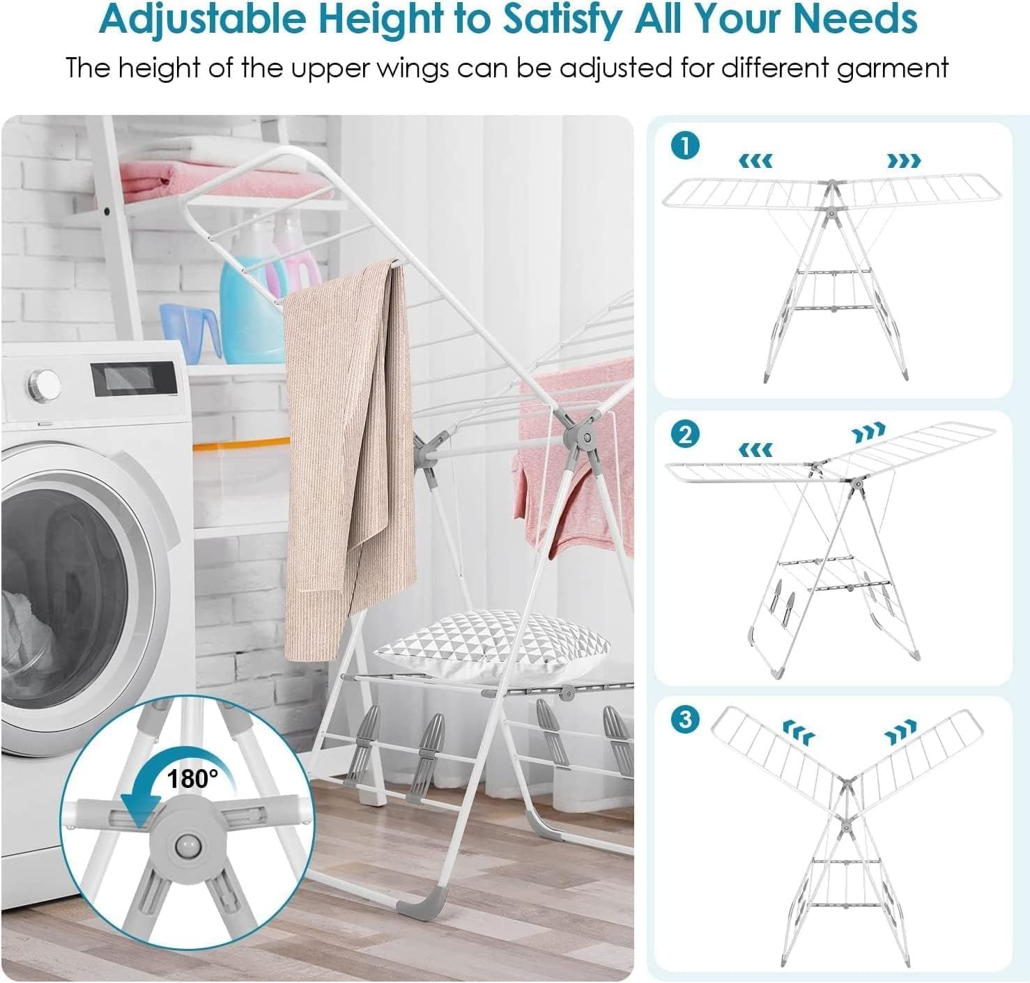 Clothes Airer Folding Drying Rack Stainless Steel Laundry with Height Adjustable Wings, for Indoor Outdoor Home,A,