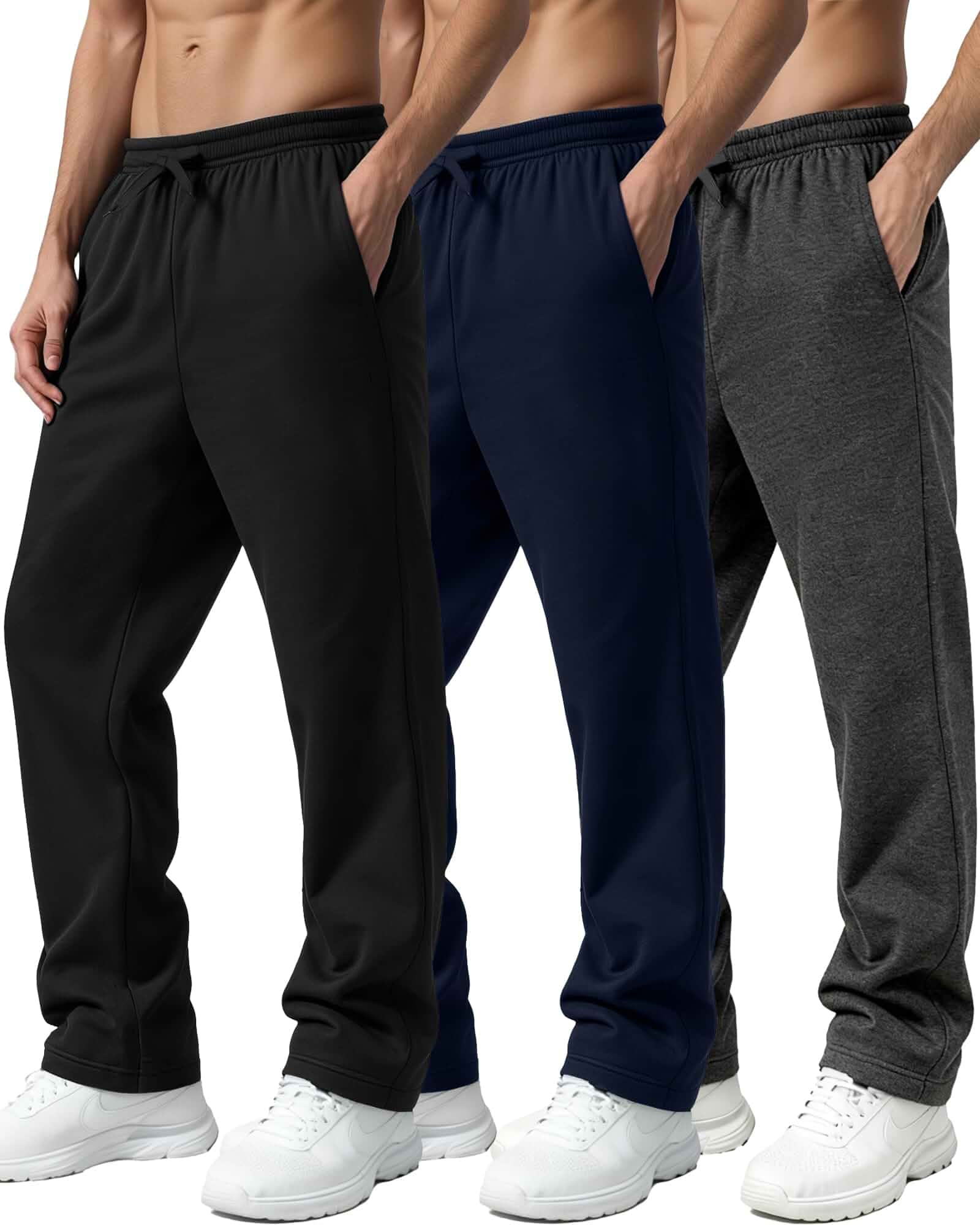 Vividpoint 3 Pack Fleece Sweatpants for Men Open Bottom Baggy Sweat Pants with Pockets, Elastic Waist, Loose Joggers, Classic Workout Jogging, Athletic Gym, Relaxed Fit, Active, Work, Drawstring