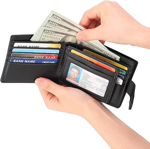 Miniatura 4 de GOIACII Billetera de cuero genuino de gran capacidad para hombre, con bloqueo RFID, billetera plegable para hombres con ventana de identificación