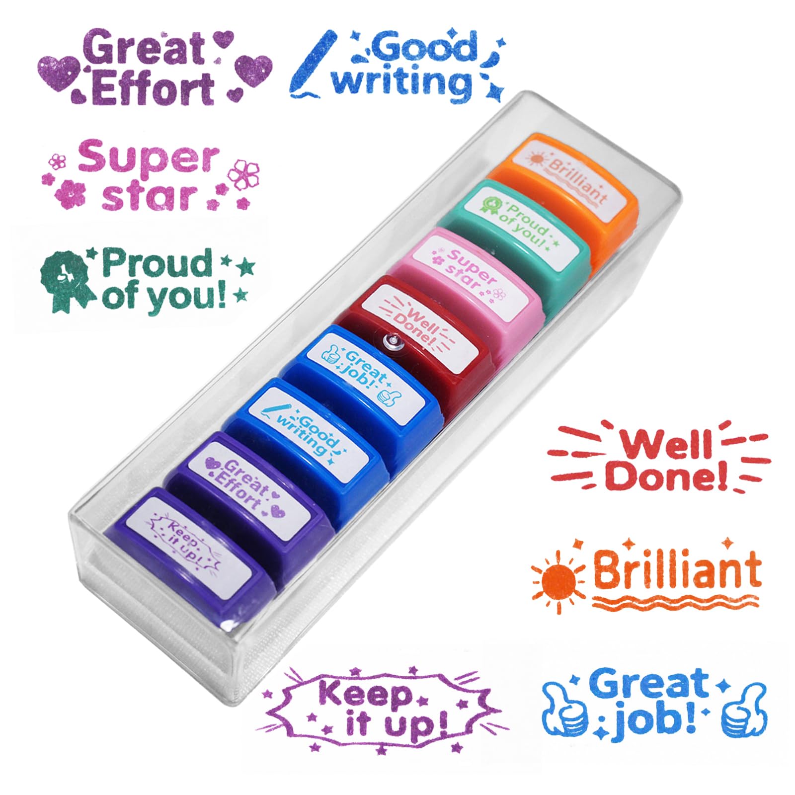 8-Pcs Teacher Stamps Set – Self-Inking Motivational Stamps with Transparent Storage Box for Classroom, Homework Elementary & Homeschool
