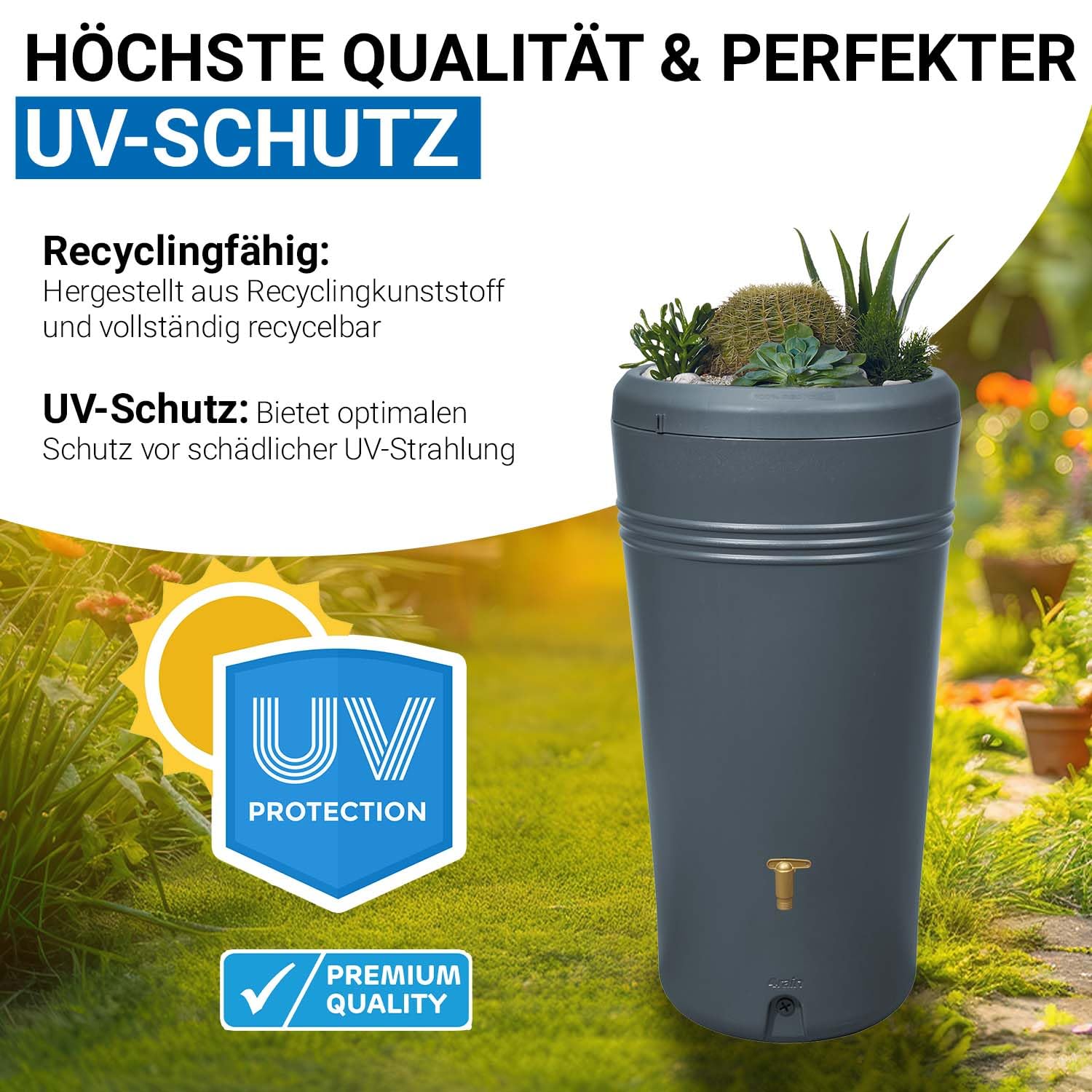 4rain Azura Regentonne Set 230 Liter Graphitgrau Wandtank Wassertank | mit Kunststoff-Hahn + Fallrohranschluss Regenfass Regenwassertonne Wassertonne für Garten Wasserfass Grau