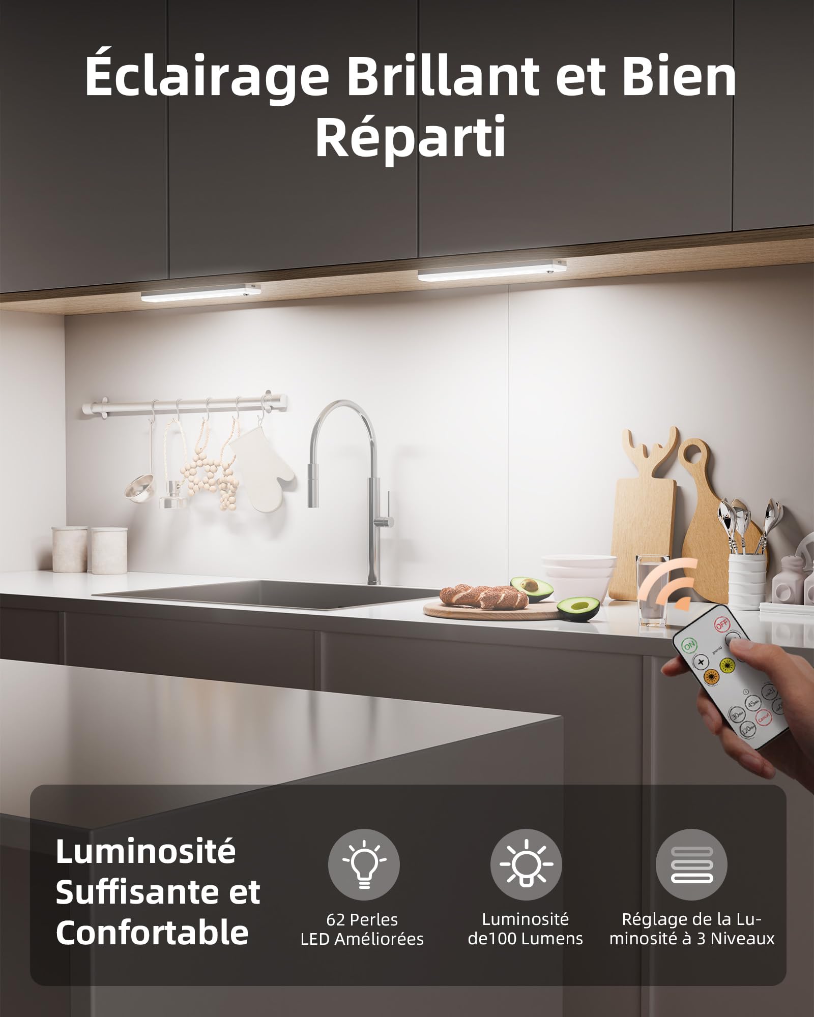 EZVALO Lampe de Cuisine sous Armoire 62 LED avec Détecteur de Mouvement et Station de Charge, Éclairage d’armoire 1600 mAh avec 3 Températures de Couleur pour Cuisine, Placard (6 Pièces)