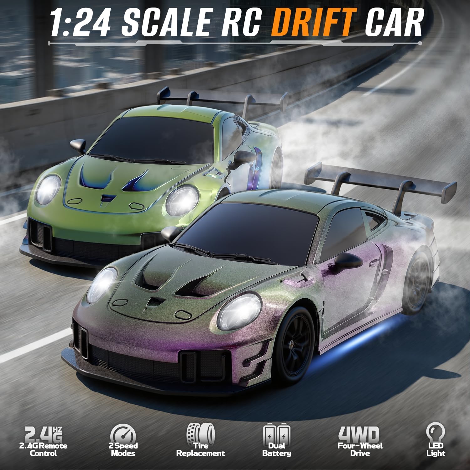 RC Drift Car, 1:24 4WD Remote Control Cars Vehicle with LED Light,2.4GHz 20KM/H High Speed RC Cars with Two Batteries & Drifting Tires Racing Sport Toy for Adults Boys Girls Kids