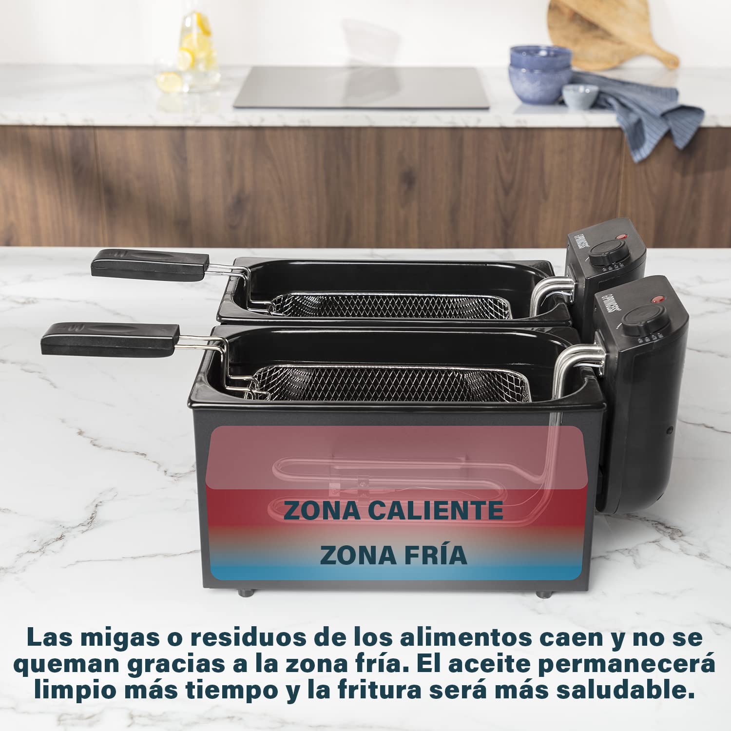 Princess 183028 Freidora eléctrica doble, Zona Fría, potencia de 2 x 1800 W, Volumen de 2 x 3 L, Temperatura hasta 190ºC, Negro