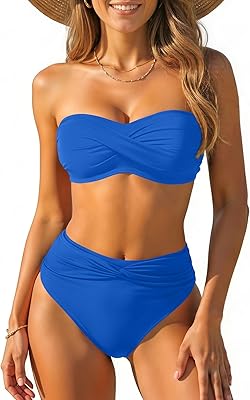 Tempt Me Women Bandeau Bikini Set Twist Strapless Two Piece Swimsuit High Cut High Waisted Bathing Suits